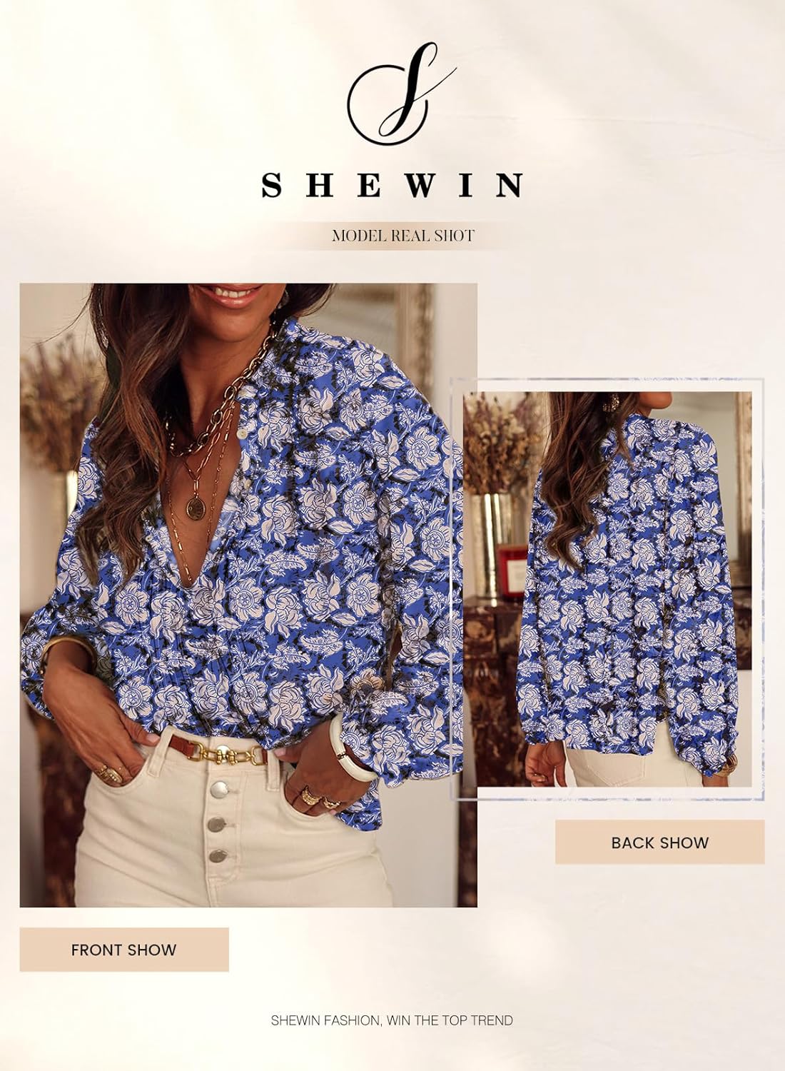 SHEWIN Women's Tops Casual V Neck Long Sleeve Shirts Floral Boho Blouses Tunics - Image 5