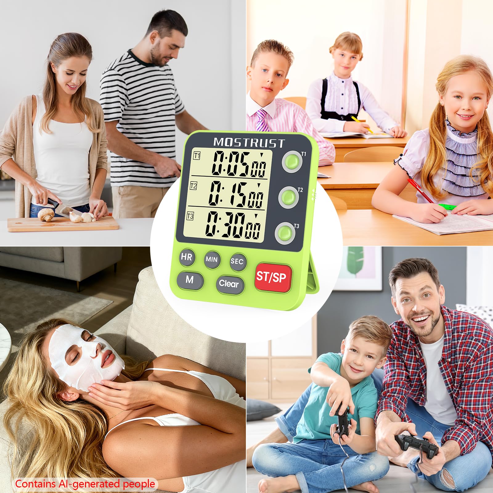 Minuteur numérique double de cuisine, compte à rebours à 3 canaux, grand écran triple mémoire, alarme de volume fort et lumière clignotante avec dos magnétique, support, batterie incluse,