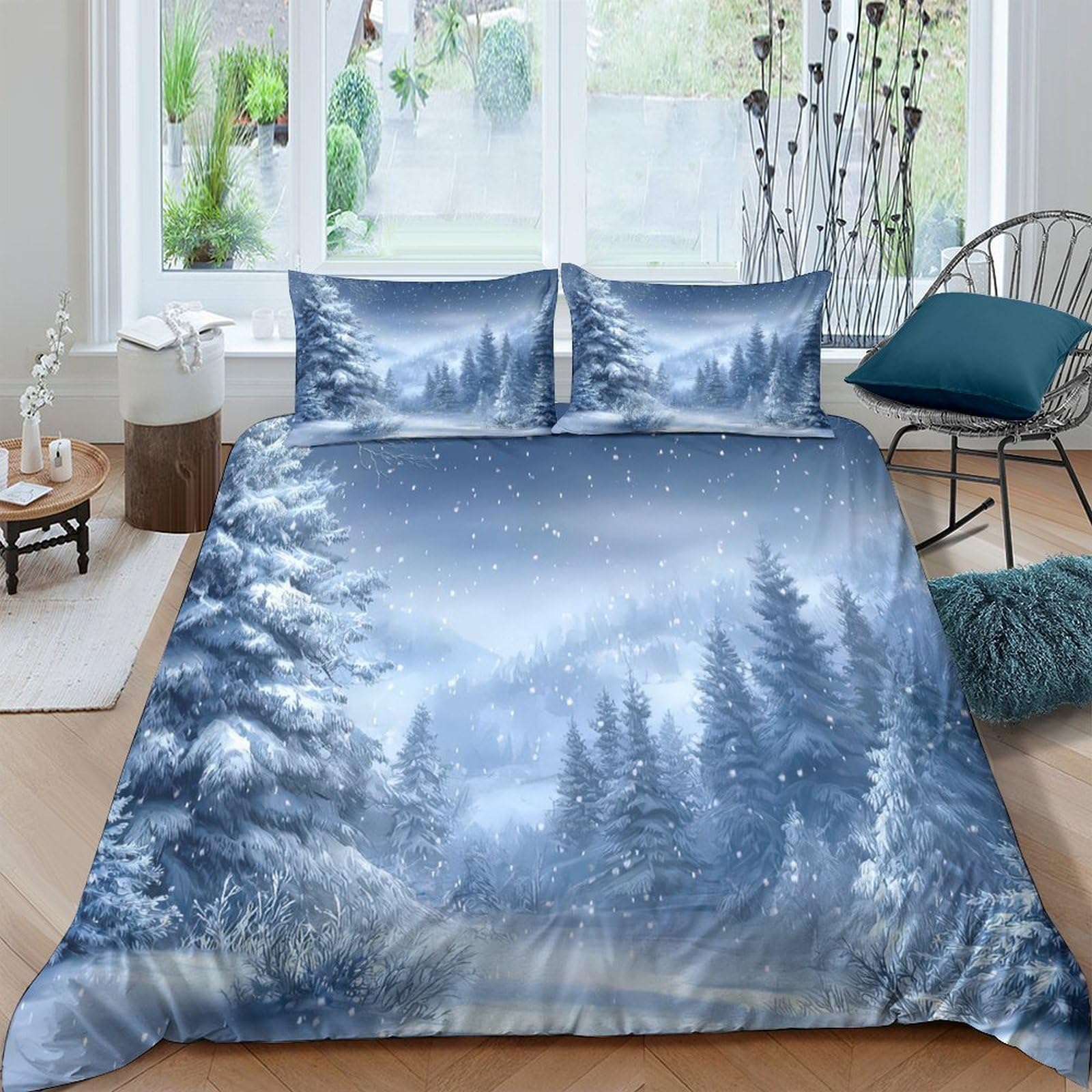 Ctjqhvkz Style-3 3D Printed Misty Forest Fitted Sheet Microfiber Soft Blue Pine Trees Mattress Cover Bedroom Decor Single（135X200cm）