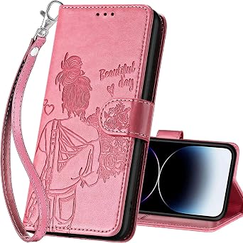 for iPhone 14 Pro Max Wallet case, Pink-Girl | 3 Card Holders, Kickstand, Shockproof TPU Shell, PU Leather, Magnetic Closure, Protective Flip Folio Cover, Women