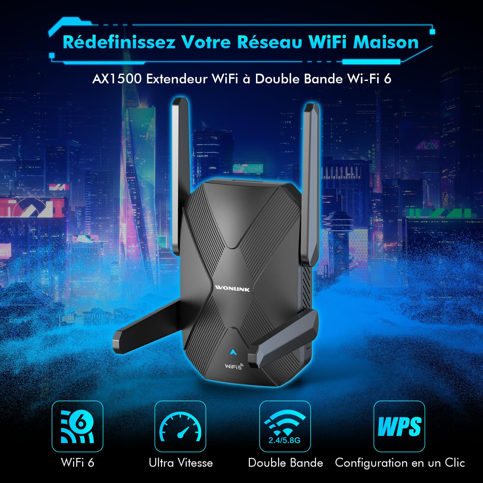 Répéteur WiFi 6 Puissant AX1500 Mbps, Amplificateur WiFi | Double Bande Repetiteur WiFi Puissant avec WPS, Port LAN, 4 Antenne, Soutenir 3 Mode, Compatible avec Toutes Les Box Internet