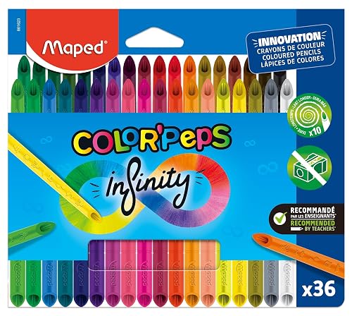 Maped Color'Peps Infinity - Pack de 36 Lápices de Colores Infinitos (100% Mina), No Necesitan Sacapuntas…