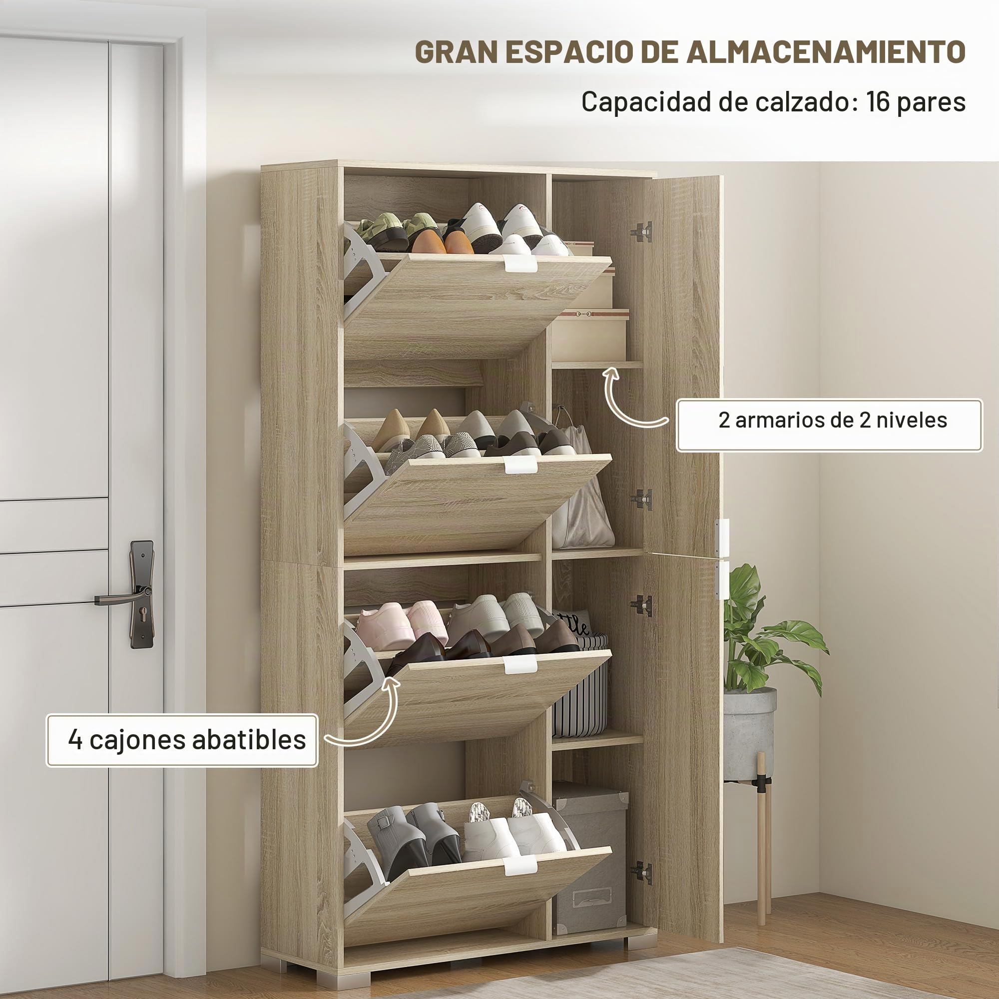 HOMCOM - Mueble para zapatos, con 2 armarios, 4 tapas y fachadas Espejo, estantes ajustables para 16 pares de zapatos, roble