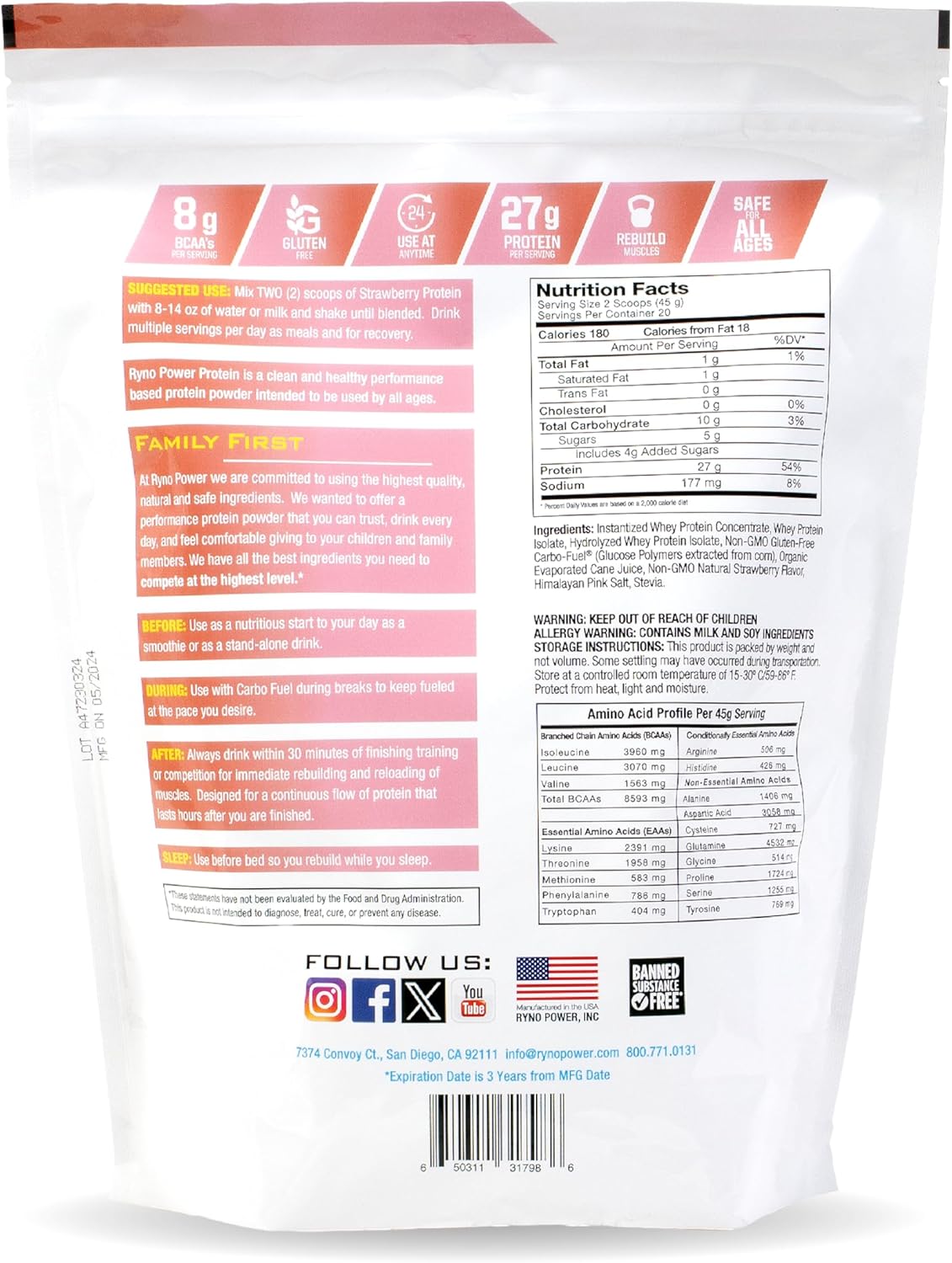 Ryno Power All Natural Whey Protein 2lb (20 Servings) 'Strawberry' - 100% Whey Protein Blend & No Fillers - Non GMO