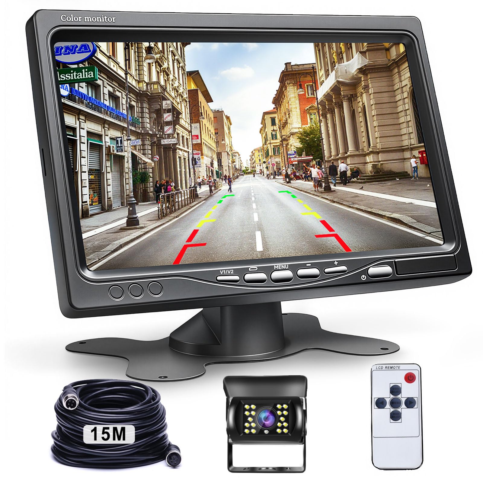 Cámara Marcha Atrás y 7 Pulgadas LCD Monitor Kit Cámara Visión Trasera, Hodozzy IR Visión Nocturna Impermeable Cámara de Marcha 12V-24V con 4 Pin 15 Metros Cable para Coche Camión Remolque Caravana