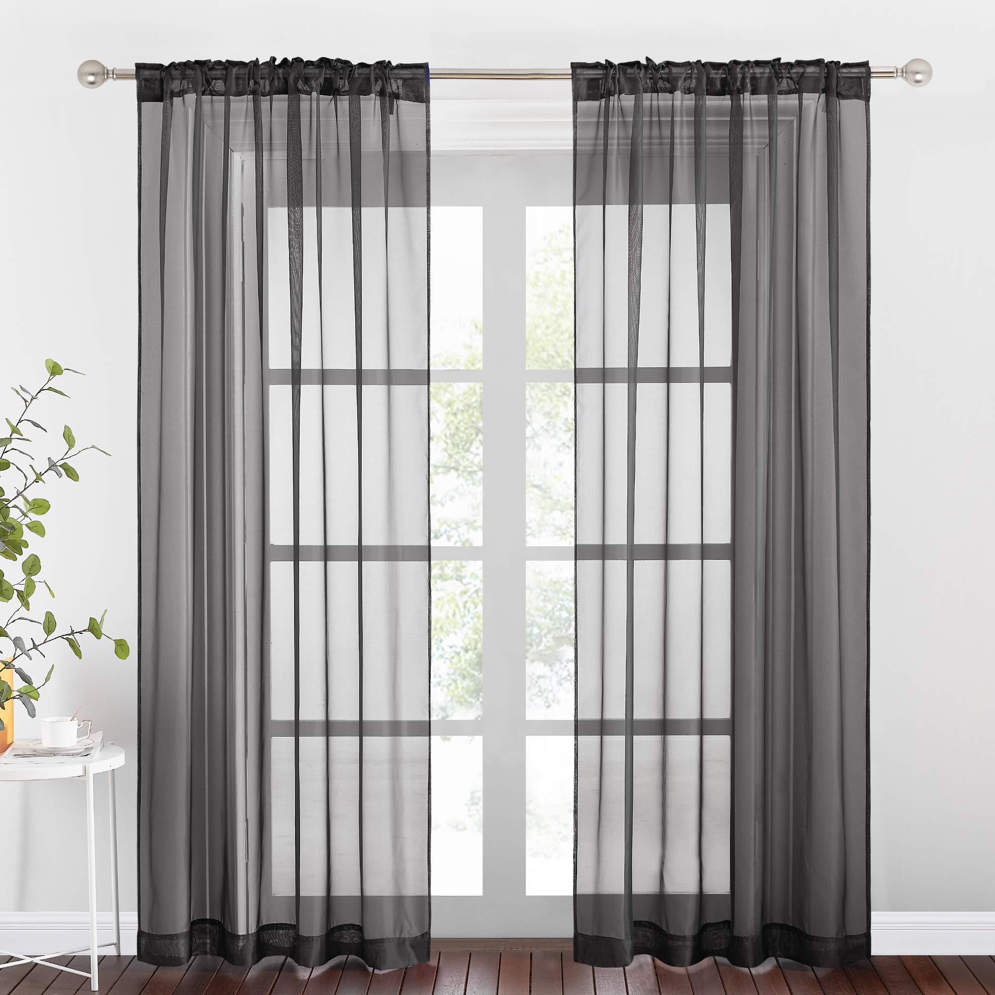 NICETOWN Sheer Window Curtains 95 inches - Light Filtering Solid Extra Long Rod Poacket & Back Tab Drapes for Bedroom/Home Decor (1 Piece=54" Wide, Set of 2, Black)