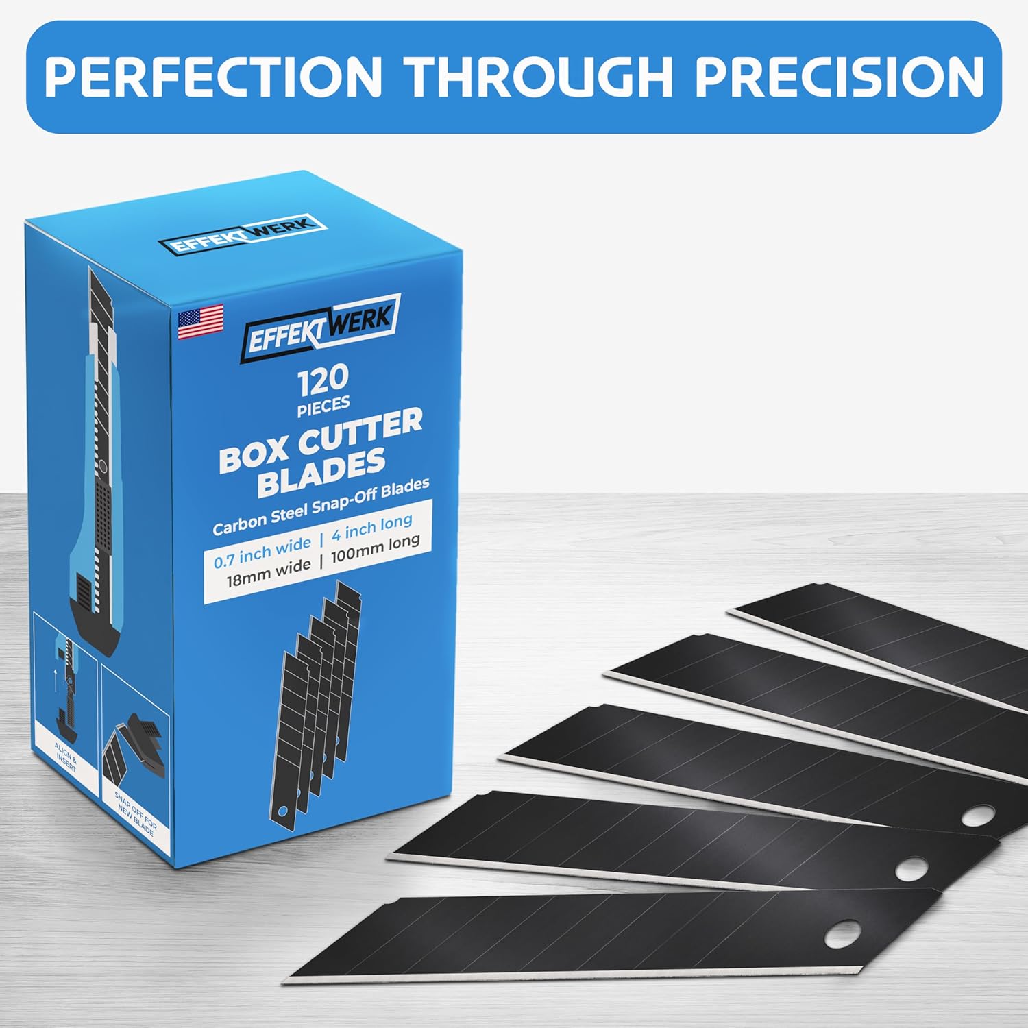 E•Werk - Box Cutter Blade Set - Black, 120 Pack - 18mm Utility Knife Replacement Blades - Heavy Duty Carbon Steel Snap Off Blades - Blade Refills for Utility Knives & Box Cutters