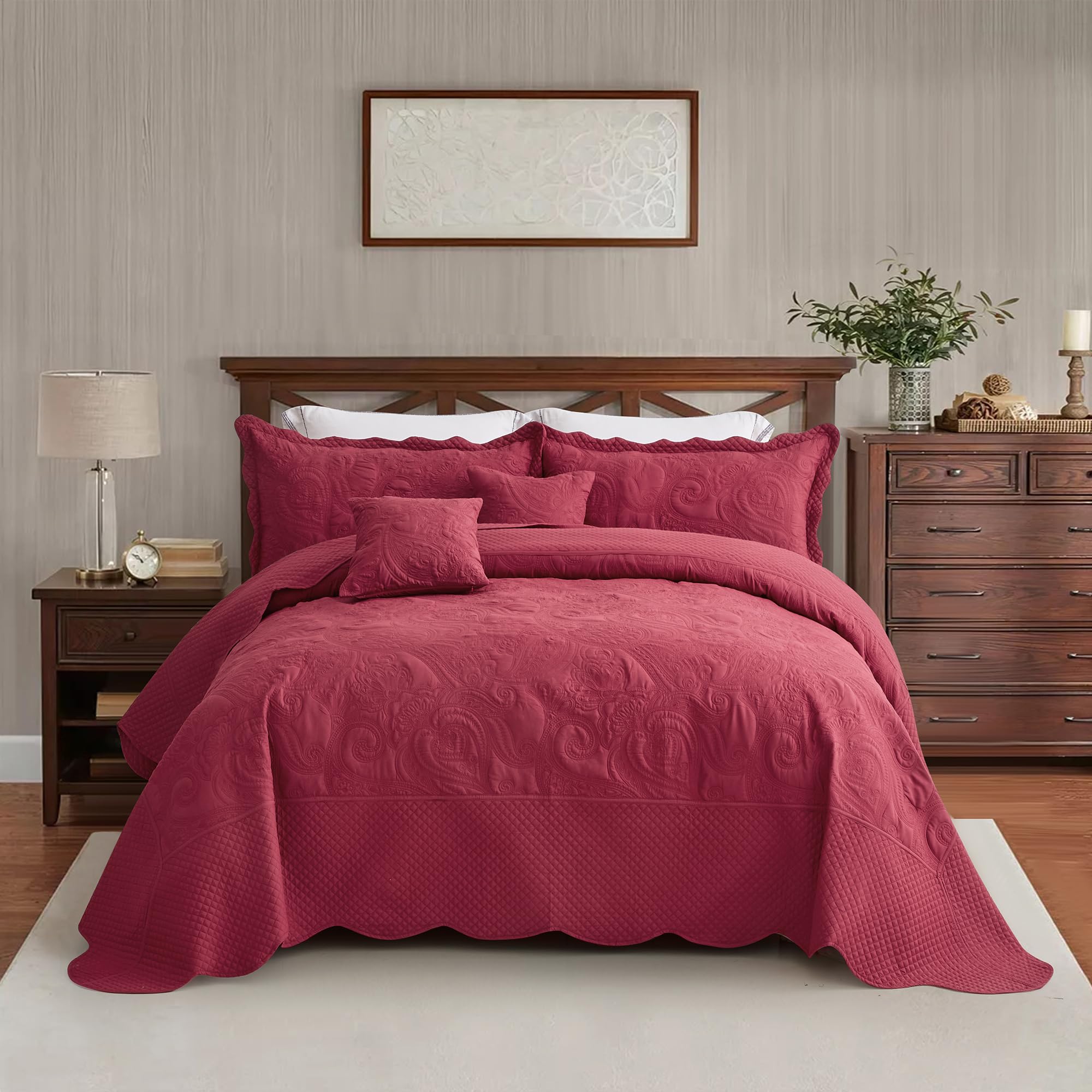 Oversized King Bedspreads, Stitched Paisley, Wine Red