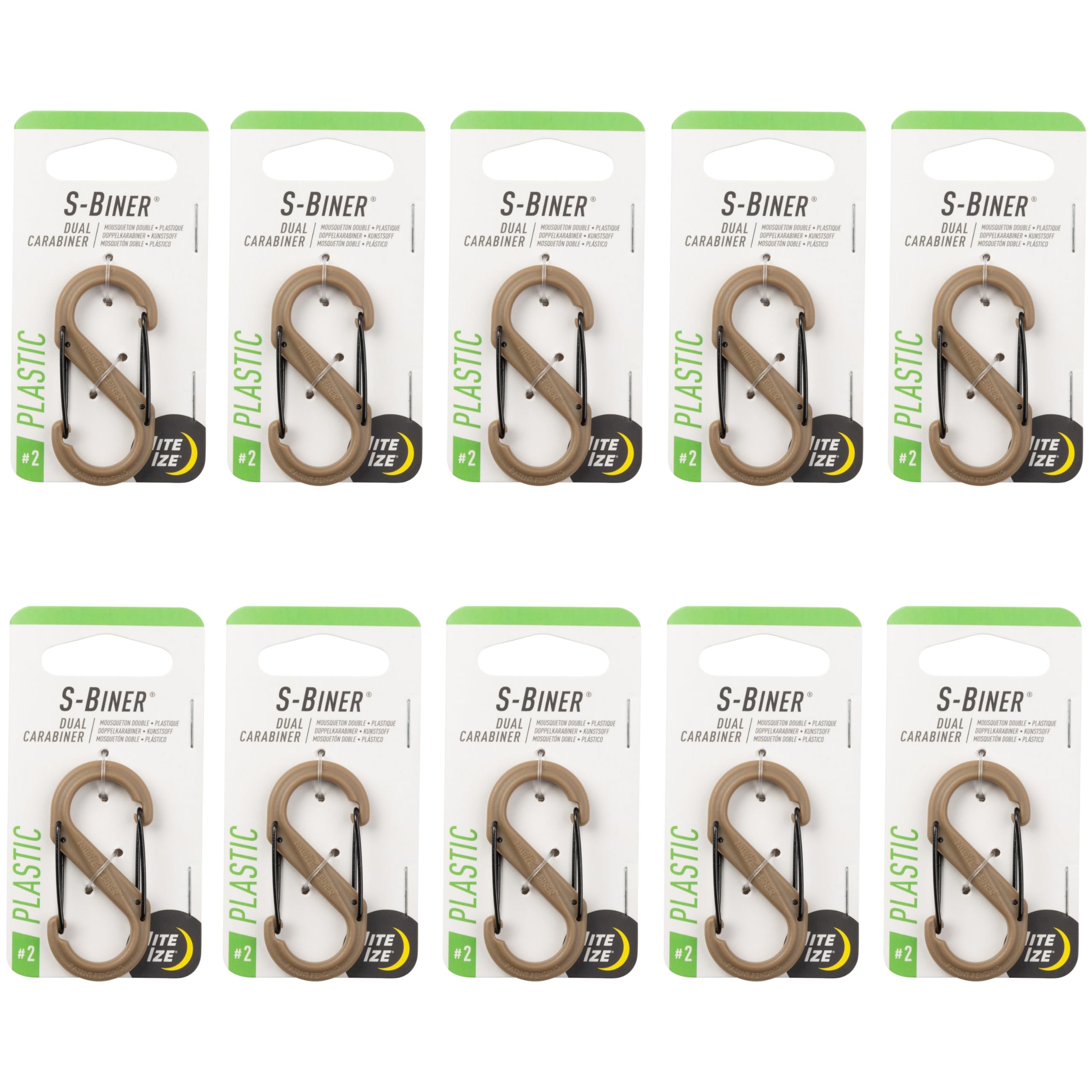 Nite Ize S-Biner Dual Carabiner Plastic - Durable Dual Carabiner with Wire Gate Closure for Organizing Keys & Keychain Attachments - Size 2, Coyote (10 Pack)