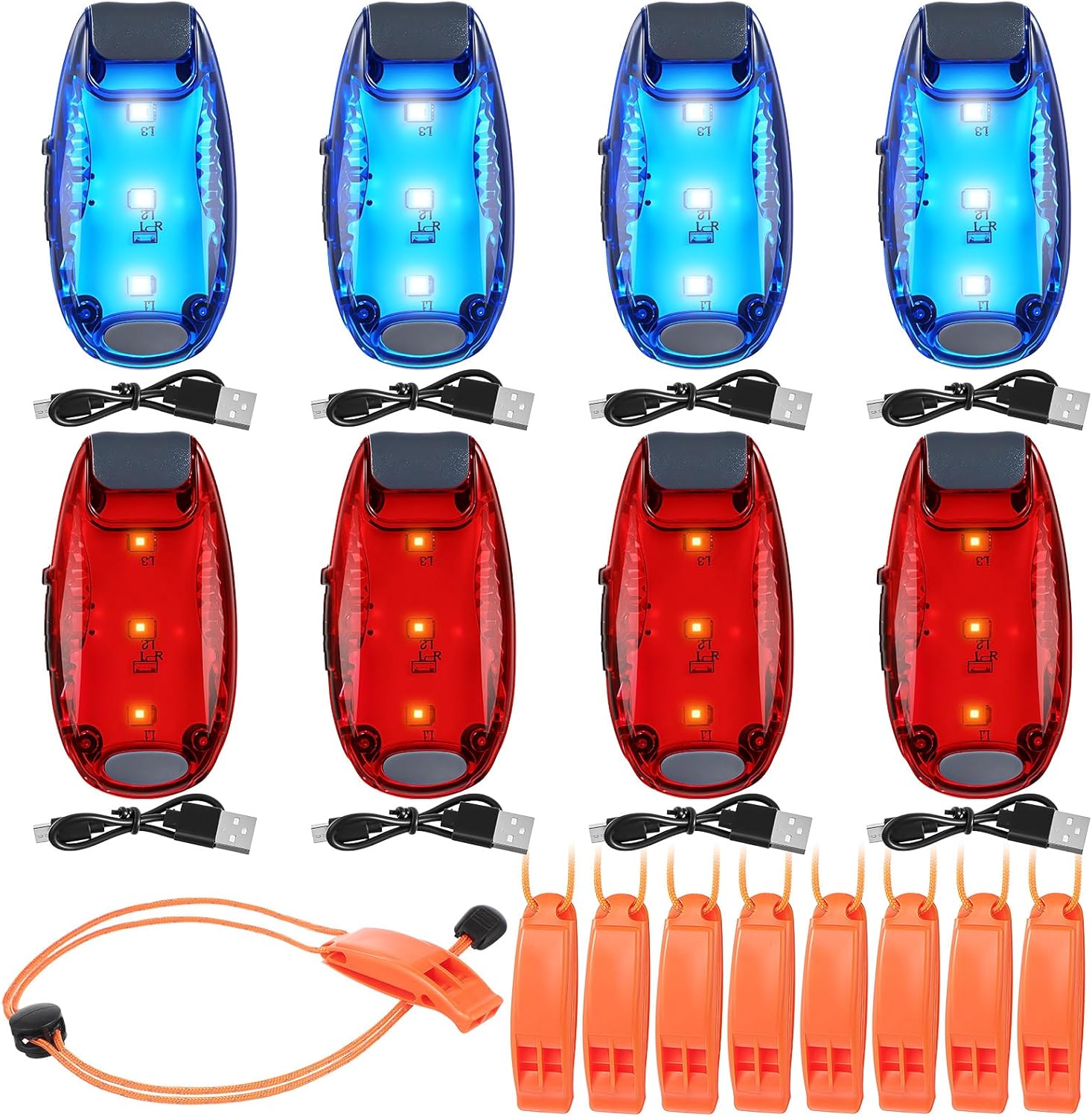 Tellegloww 16 Pcs Navigation Lights for Kayak Boat Include 8 Red Green LED Battery Safety Night Lights with 3 Type Flashing Mode Easy Clip On and 8 Emergency Whistle Fishing Kayaking Accessories
