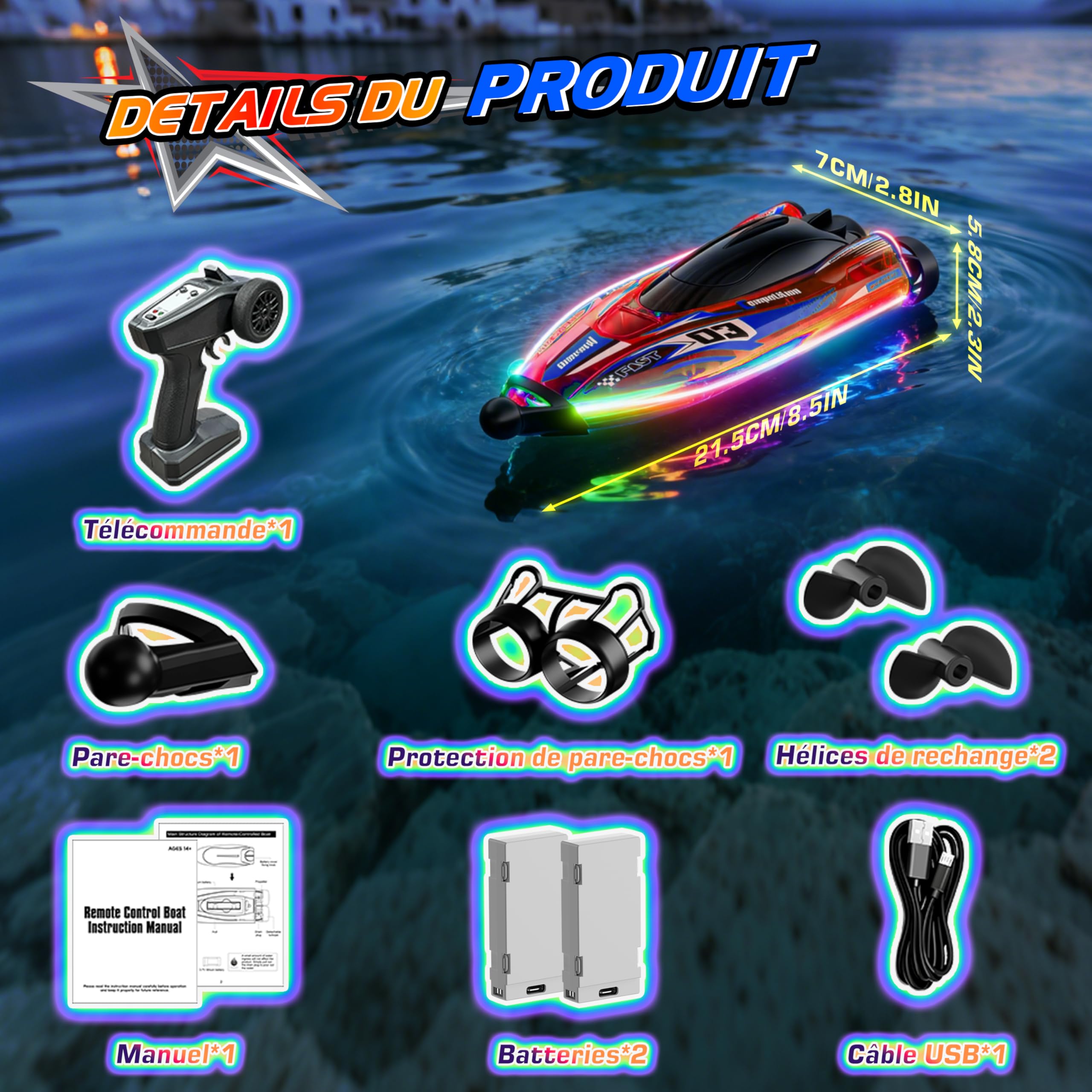 FORMIZON Bateau Télécommandé 25 km/h, Bateau RC avec Lumière LED pour Piscine et Lacs, 2,4GHZ Speedboat de Course RC avec Anti-Enchevêtrement à l’Arrière, Boat Jouet Piscine pour Enfants (Rouge)
