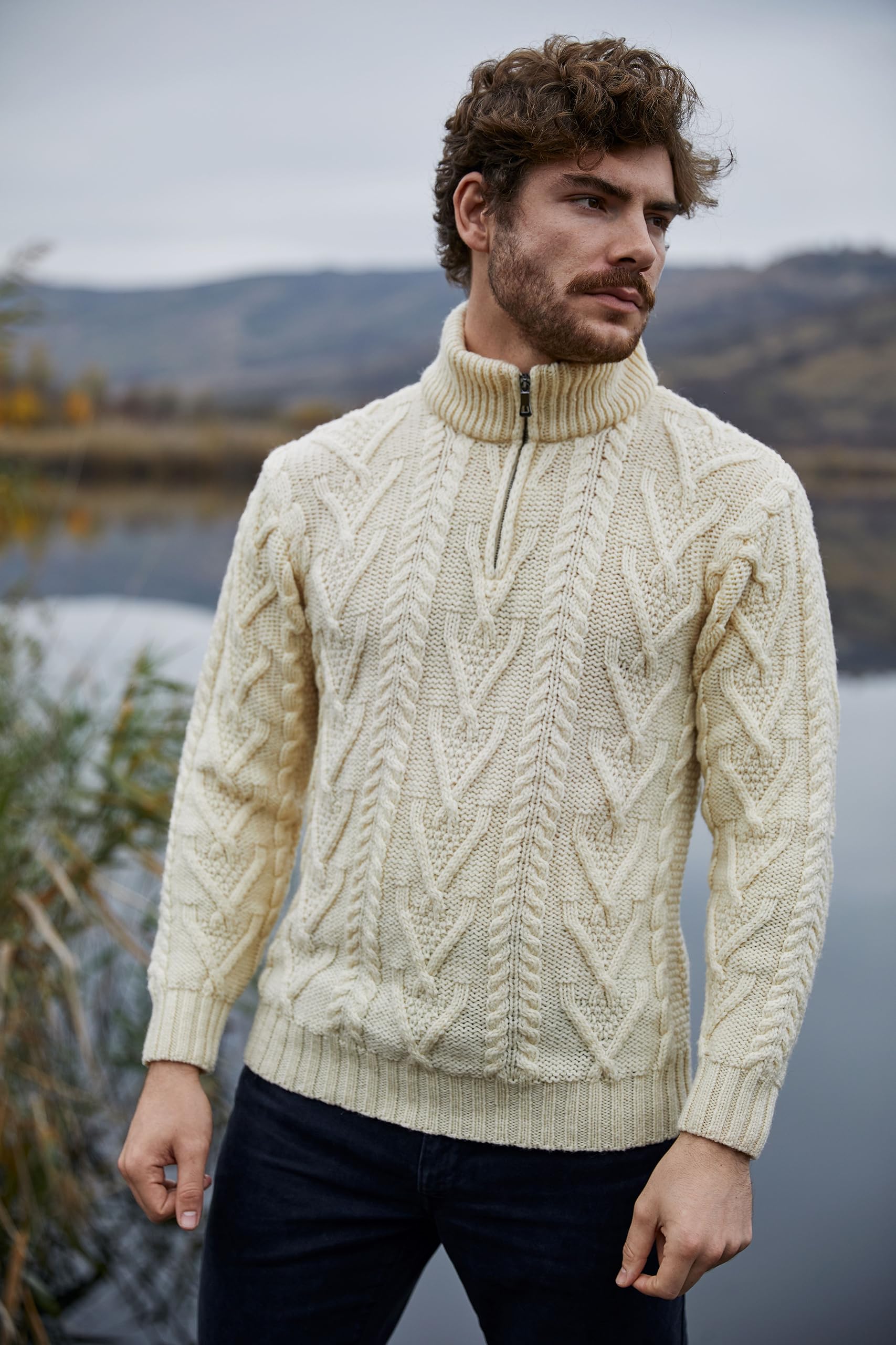 SAOL 100% Lana Merino para Hombre, Cuello con Cremallera, Pescador irlandés, Tejido de Cable, suéter al Aire Libre de Invierno