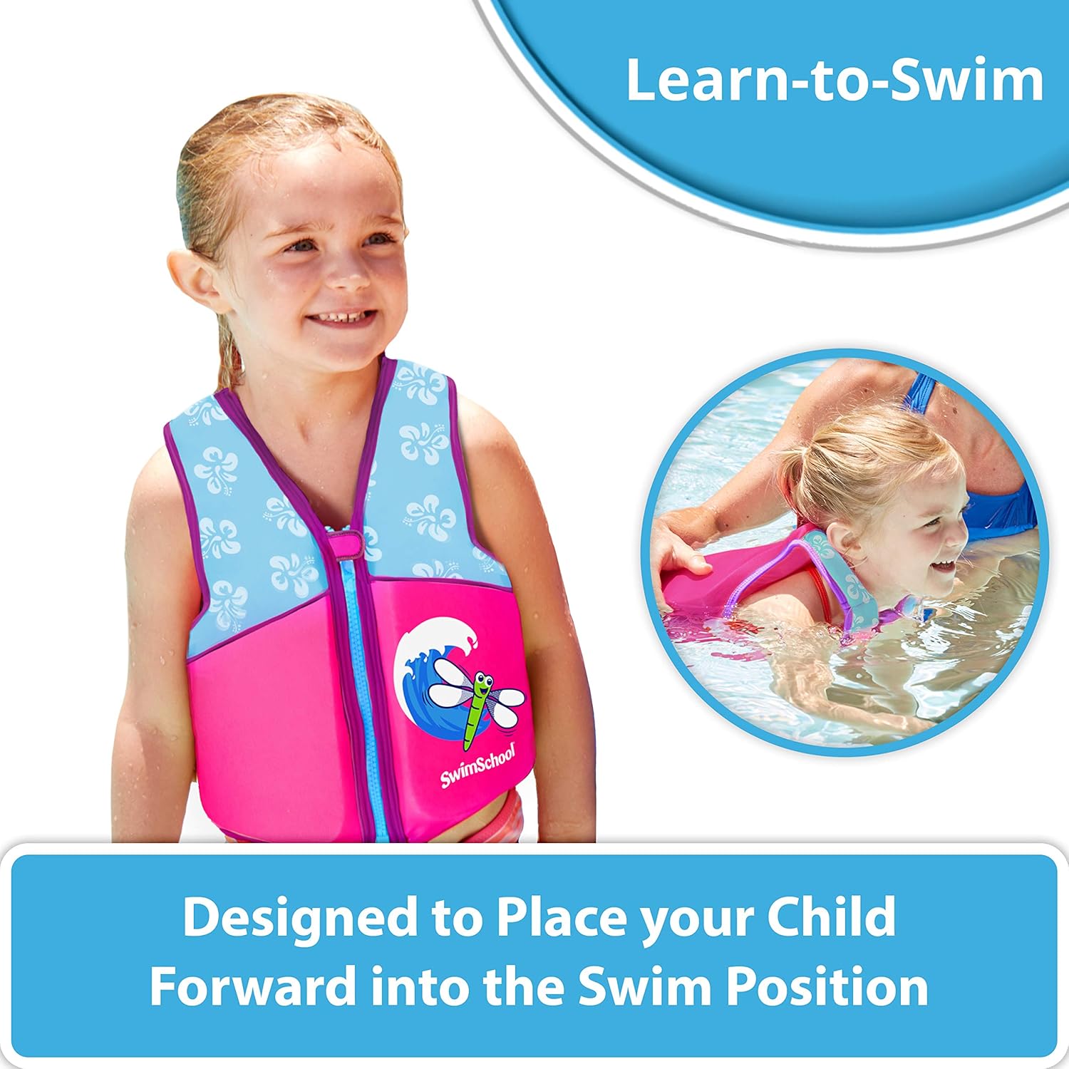SwimSchool New & Improved Swim Trainer Vest, Flex-Form Design, Padded Shoulders and Adjustable Safety Strap, Easy On & Off, Small/Medium, Up to 33 Lbs., Pink/Aqua : Sports & Outdoors
