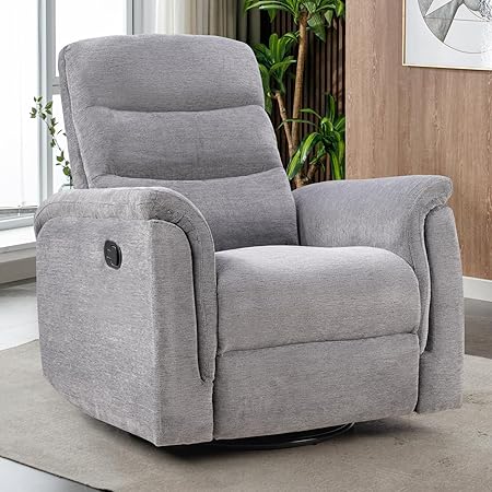 INZOY Swivel Rocker Recliner, Nursery Glider Chair, Manual Chairs Swivel Glider Recliners with Soft Backrest, Fabric Manual Reclining Sofa for Living Room Bedroom Apartment, Grey