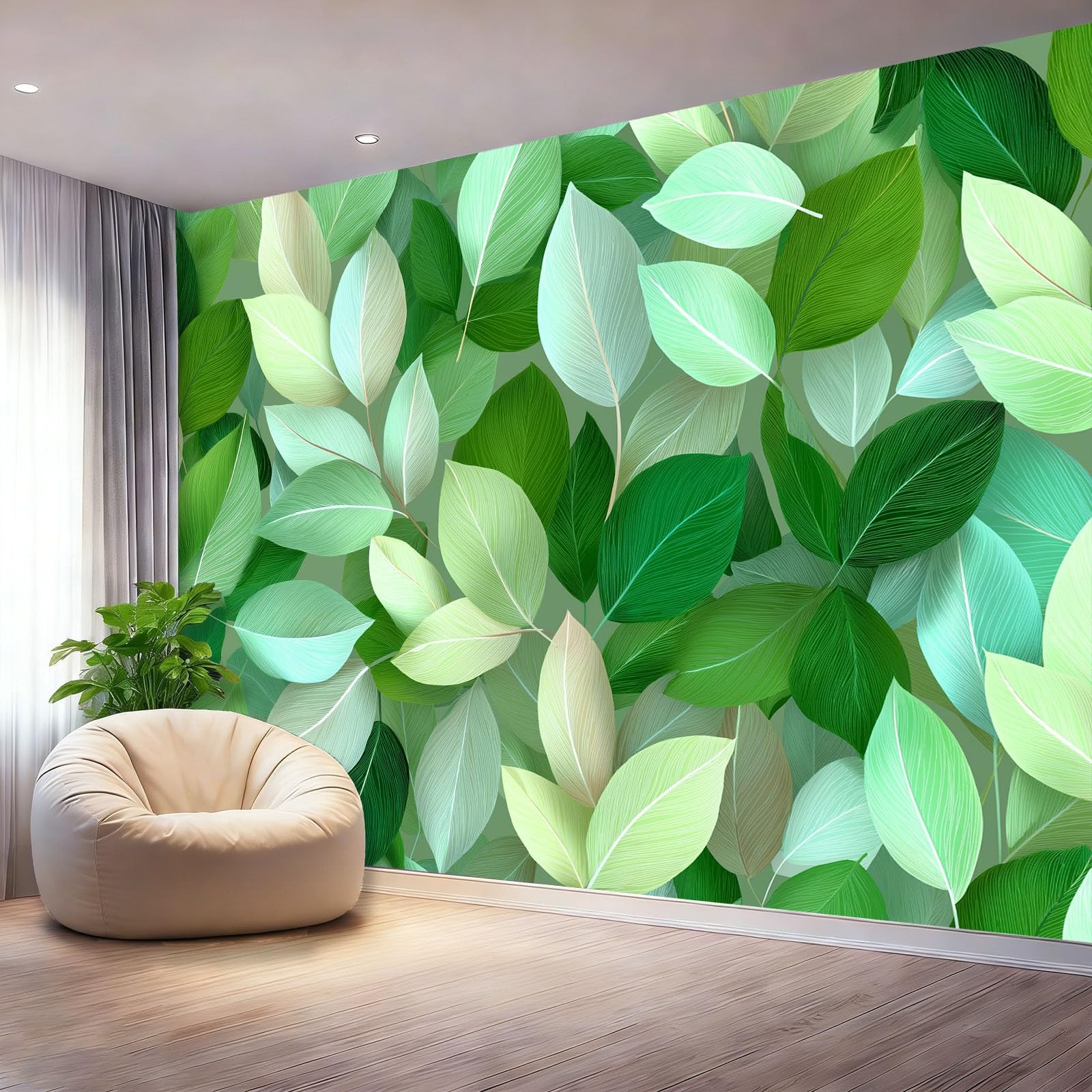 Fototapeta tapeta rośliny natura gałęzie i liście zielony motyw fototapeta włóknina mural ścienny plakat do salonu sypialni korytarza TV tło dekoracja ścienna murale, 350 x 256 cm