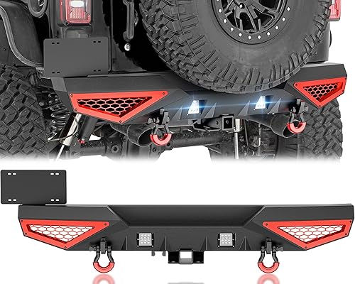 Miniatura 10 de Parachoques trasero para Wrangler JK JKU con portador de neumáticos de repuesto compatible con Jeep Wrangler JK JKU 2007-2018 con 2 luces LED,