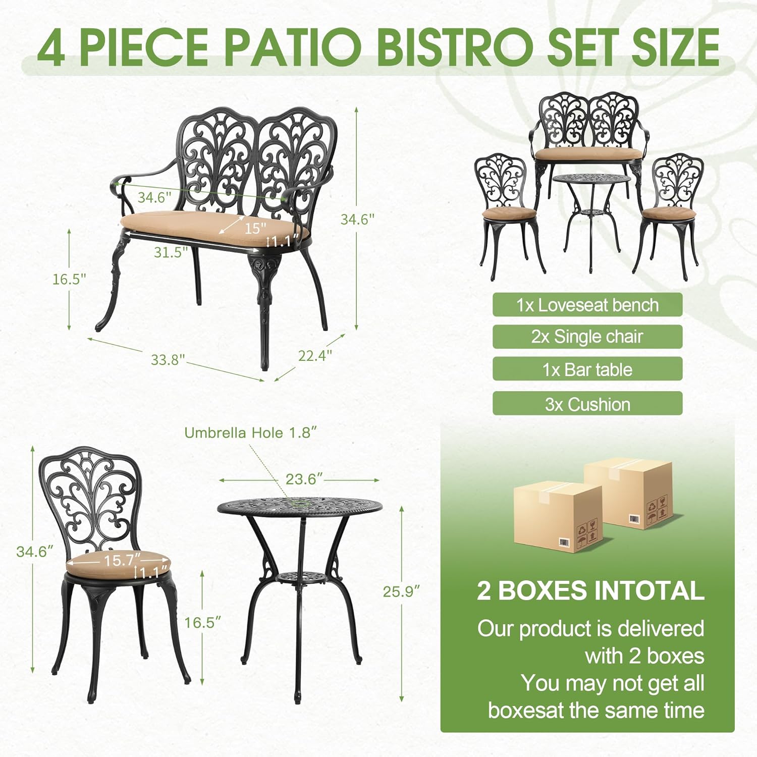 HOMEFUN 4 Piece Bistro Set with Cushion, Table Chairs and Bench, Butterfly Pattern Cast Aluminum Bistro for Garden Balcony, Durable Rust All-Weather Resistance, Black