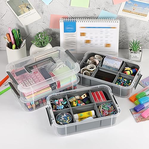 Miniatura 3 de JUXYES Caja de almacenamiento apilable de 4 niveles con 2 bandejas divididas, contenedor de almacenamiento apilable transparente con asa y tapa con