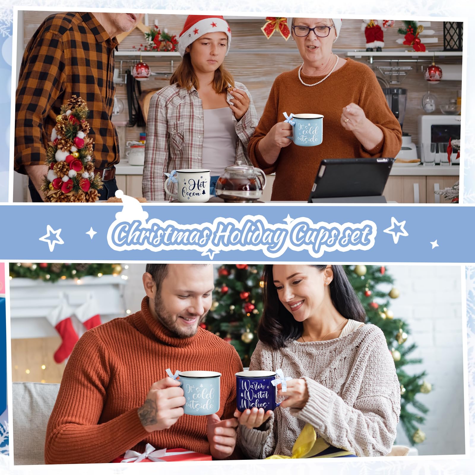 Nitial 9 tazas de invierno, tazas de café de invierno, tazas de café de Navidad con cinta, tazas de invierno de copo de nieve a granel, taza de cerámica de Navidad de 10 onzas, regalo para niños