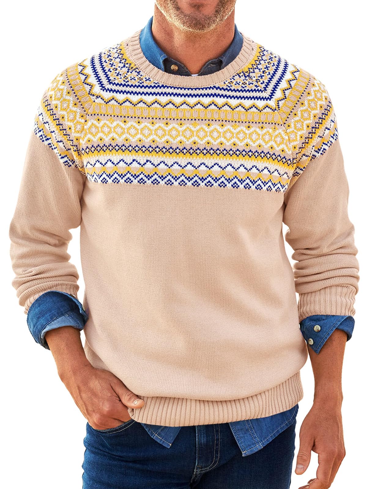 Runcati Norweger Pullover Herren Weihnachten Strickpullover Rundhals Fair Isle Sweater Langarm Männer Winter Basic Casual Pulli