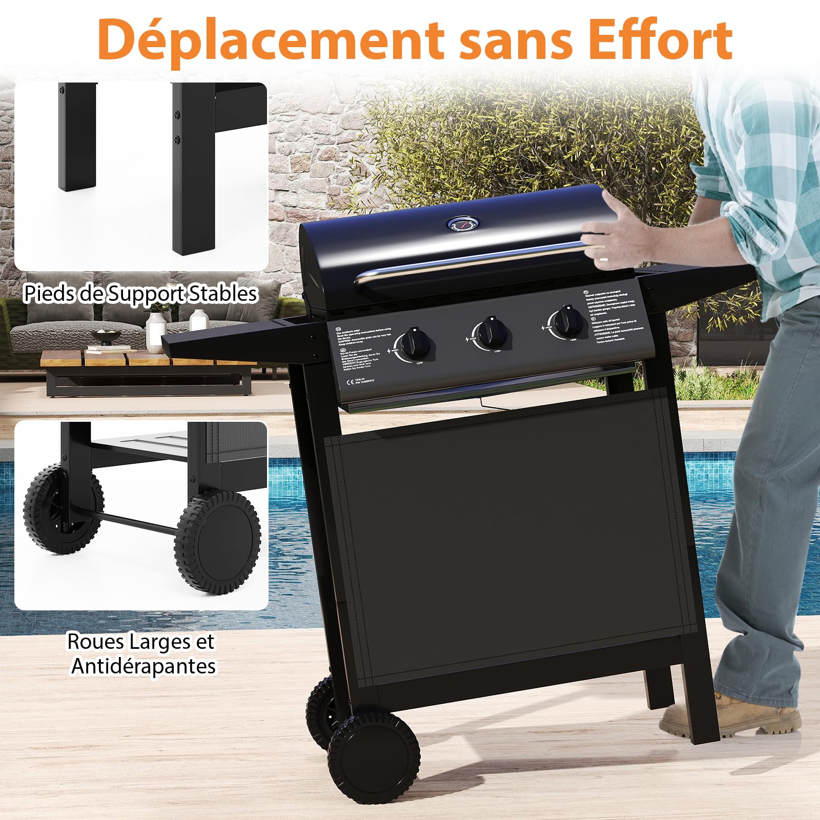 COSTWAY Barbecue Gaz Propane 3 Brûleurs, 24,000 BTU Gril à Gaz Extérieur avec Grilles en Acier Inoxydable Thermomètre 2 Tables Latérales, Chariot à Barbecue sur Roulettes pour Camping Jardin