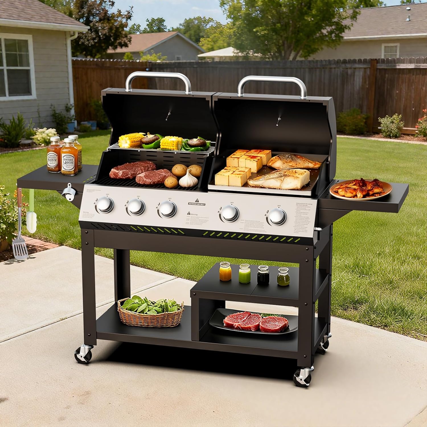 5-Burner Propane Gas Griddle Grill Combo with Porcelain-Enameled Cast Iron Grate & Cast Iron Pan, Dual BBQ Grill With Flat Top Griddle for Outdoor Kitchen & Backyard Barbecue,618 SQIN Cook Area - Image 1 of 7
