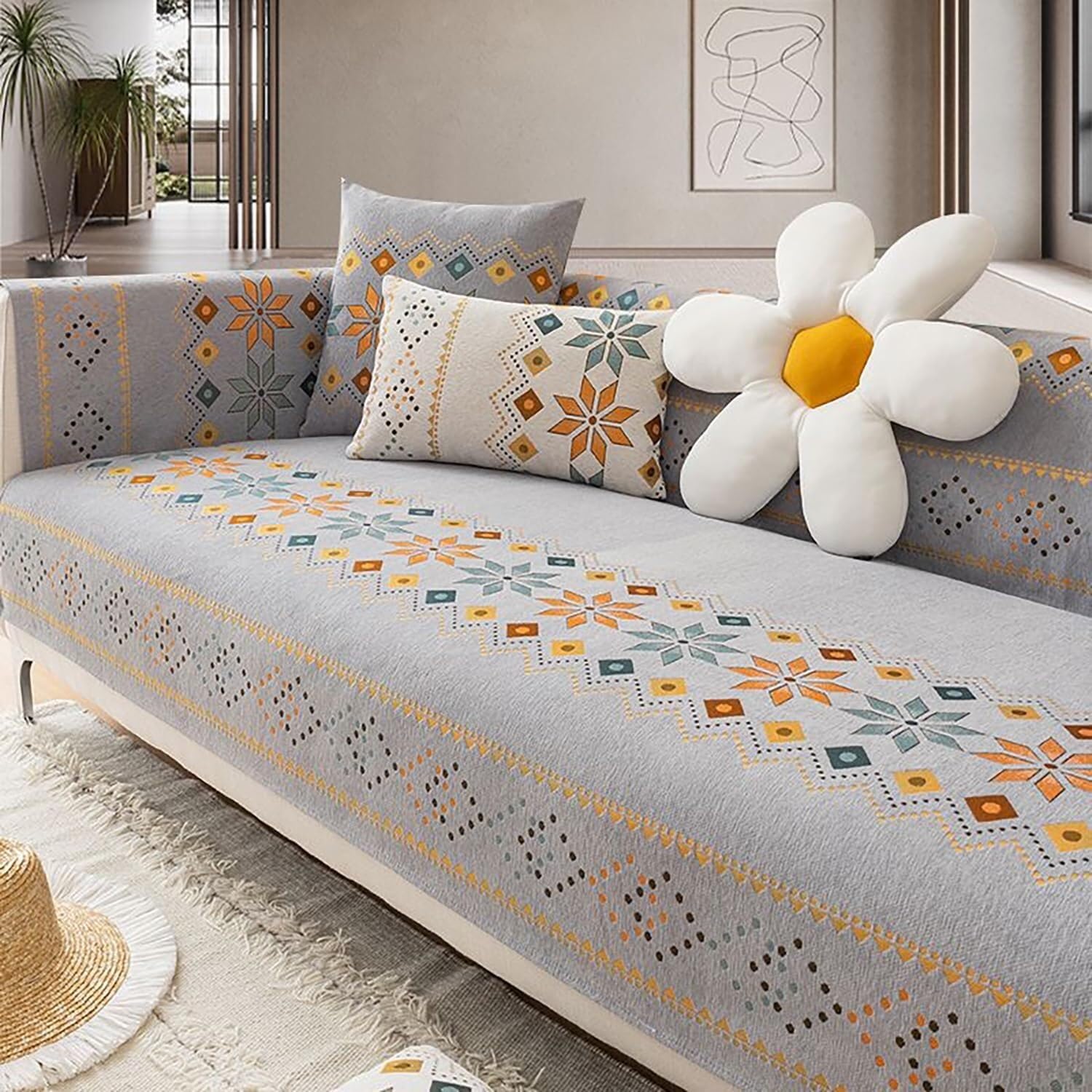 Upgraded Couch Covers - Bohemian Style Couch Cover Sofa Cover Sofa Slipcover Non Slip Couch Slipcover Decorative Sofa Cover Furniture Protector Sofa Cover Blanket for Pets(GREY,70*70cm/27.6*27.6in)