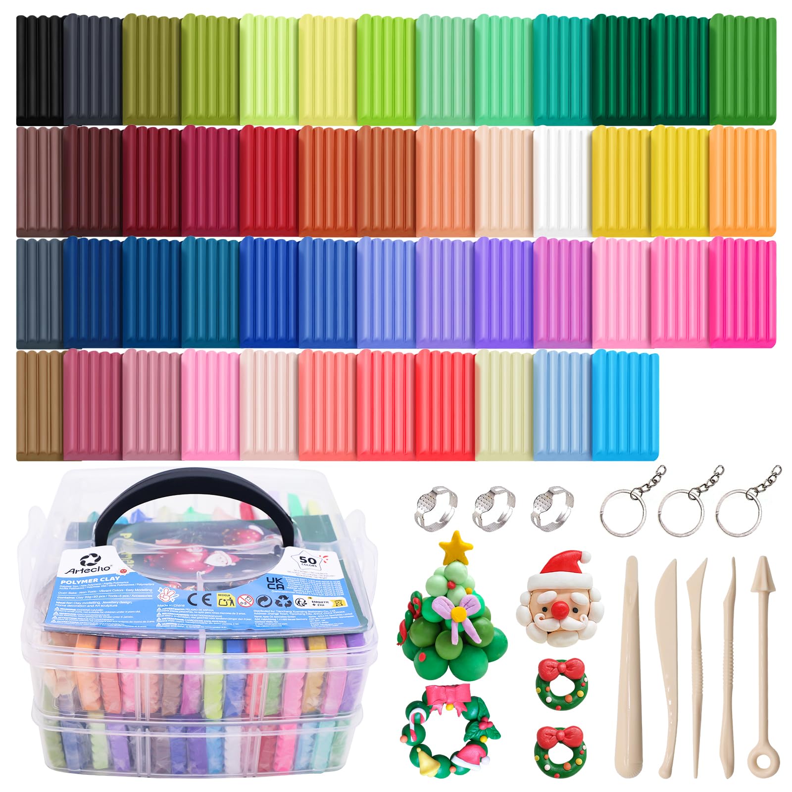 Artecho Polymer Clay Set, 50 Colours Oven Bake Modelling Clay Kit with 5 Sculpting Tools and Accessories, DIY Crafts Gift for Kids, Beginners & Adults
