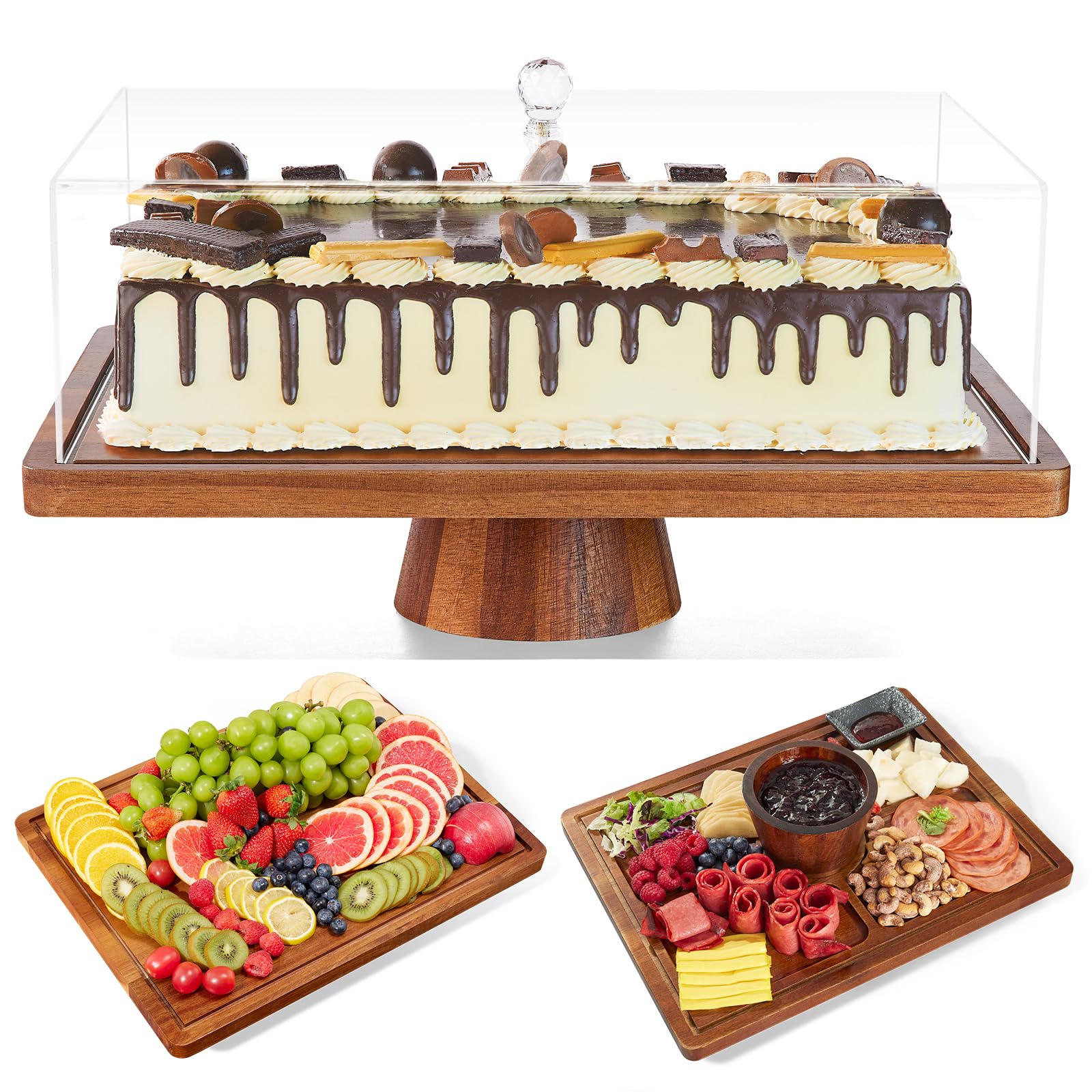 Cake Stand with Lid-Acacia Wood Cake Stand,2-in-1 Shatterproof Serving Platter & Charcuterie Board with Lid, Dessert Table Display for Party,Fruit Tray,Cheese,Veggie,Large Rectangular Cake Dome Cover
