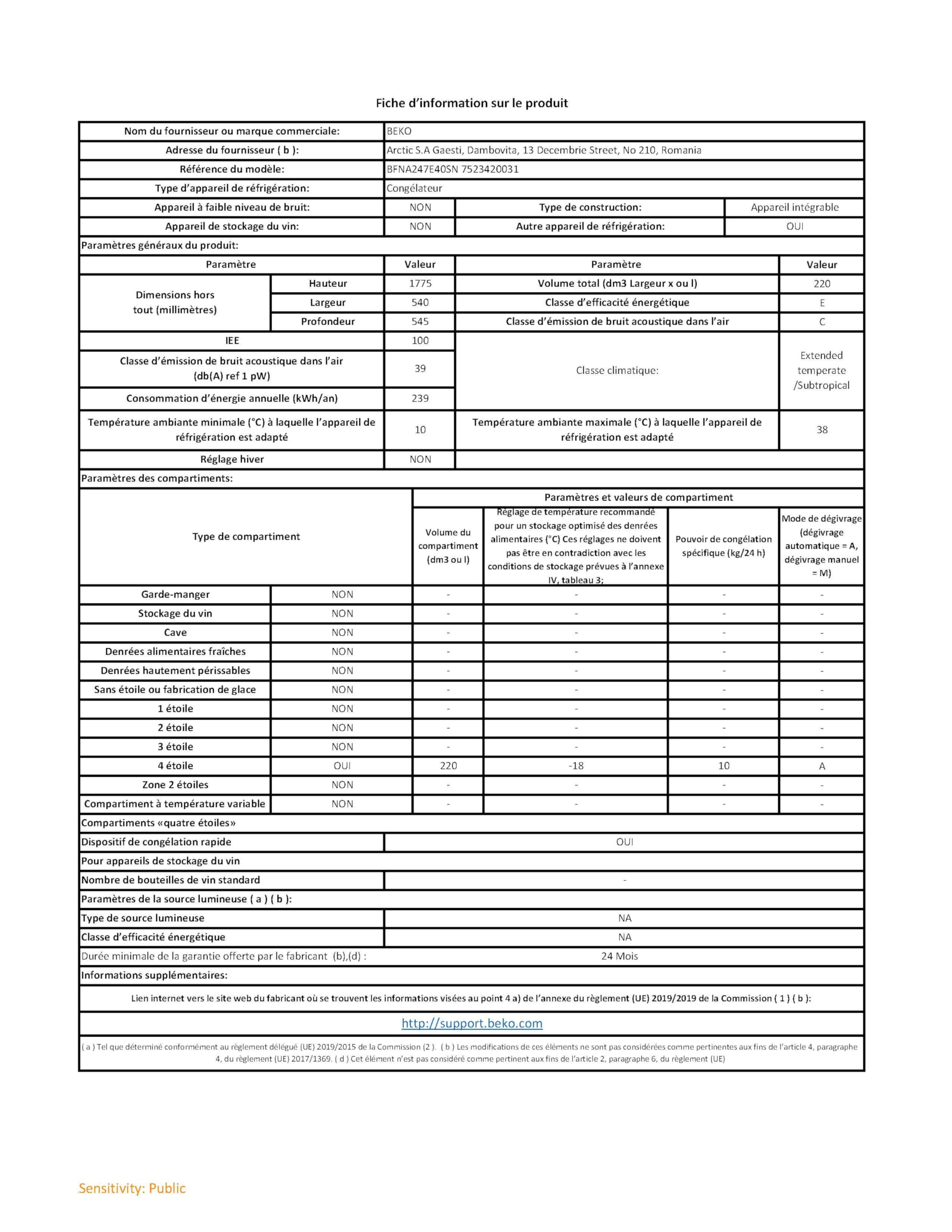 Congélateur armoire intégrable BEKO BFNA247E40SN - 220L - Blanc
