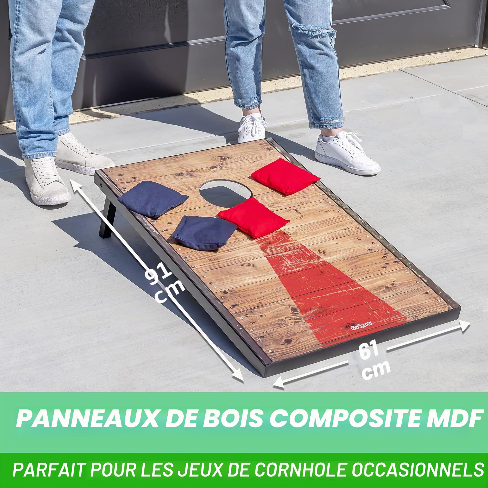 GoSports Ensemble de Cornhole de Football | Personnalisable avec Les Autocollants de Votre équipe | Comprend 2 Planches, 8 poufs et Un étui