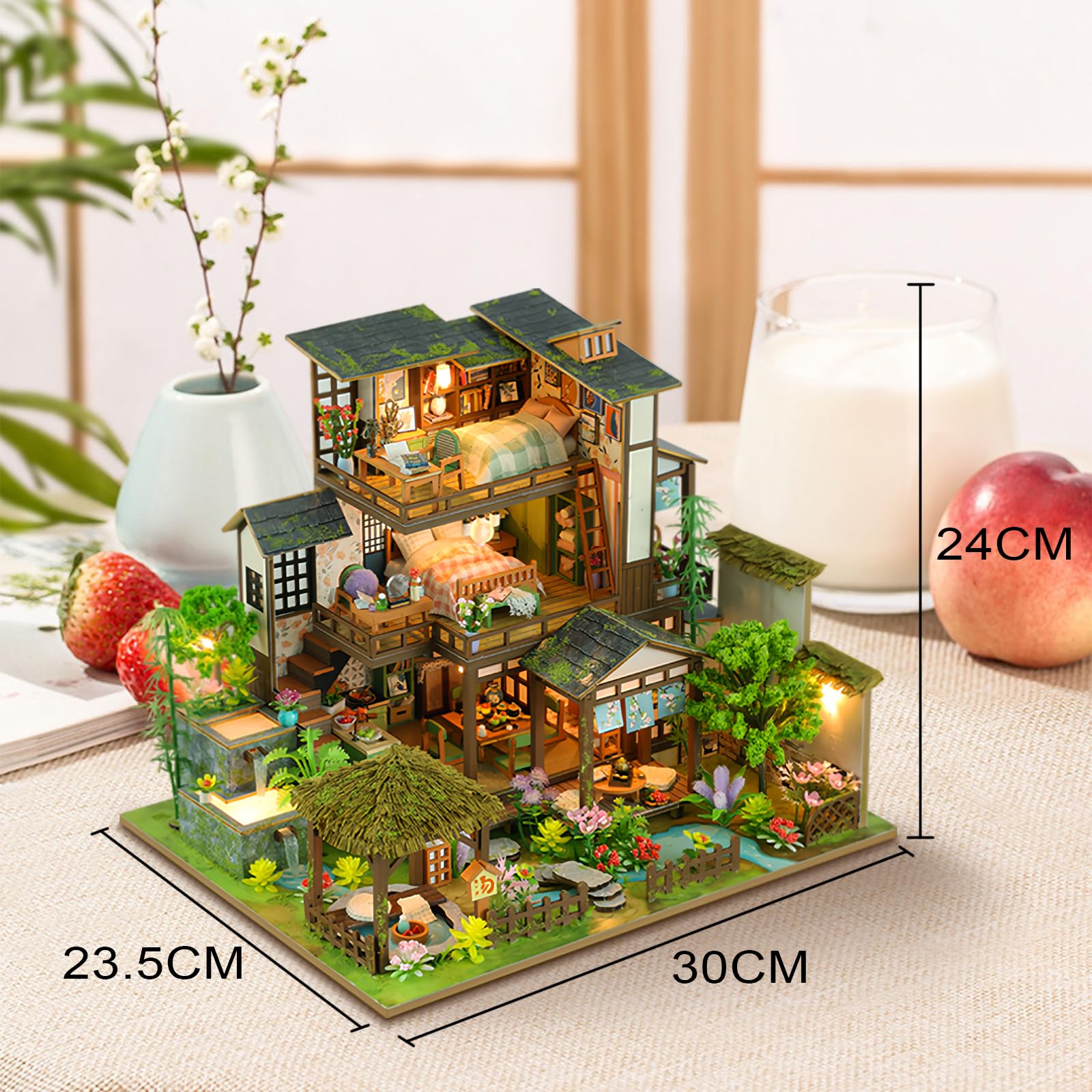 Cuteefun Zestaw miniaturowy domek dla lalek LED, drewniane rękodzieło dla dorosłych nastolatków do budowania, prezenty świąteczne na urodziny (wiosenny bambusowy dziedziń)