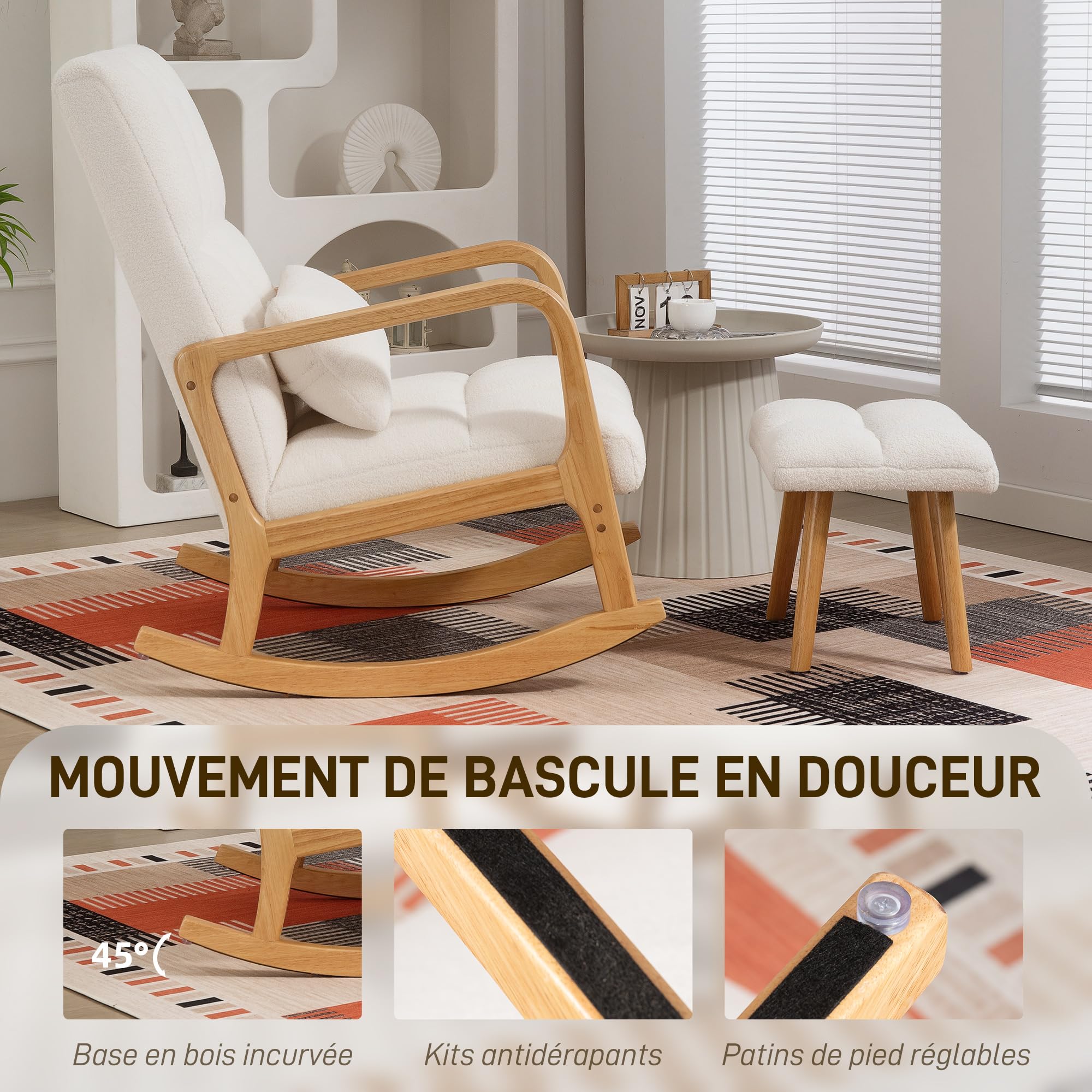 HOMCOM Fauteuil à Bascule avec Repose-Pieds, Rocking Chair en Tissu Bouclette, Assise Large, Pieds en Bois, Coussin Inclus, Chaise à Bascule pour Salon, Chambre, Balcon, Blanc