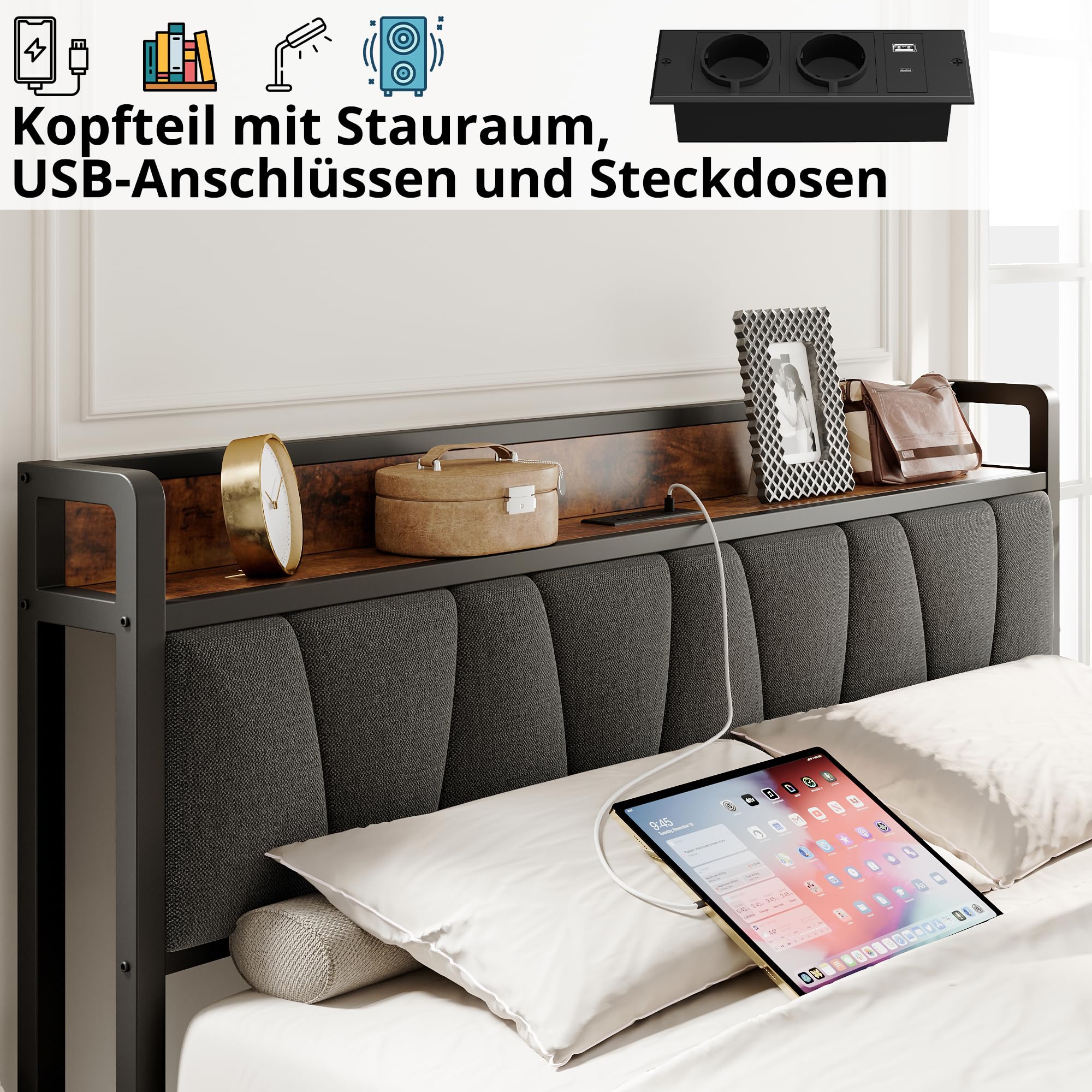 IRONCK Bett 140x200 mit Ladestation (2 AC-Steckdosen, USB-A, USB-C), Bettgestell mit Gepolstertem Kopfteil & Stauraum, Doppelbett für Schlafzimmer, Stabiles Metallbett in Retro Grau