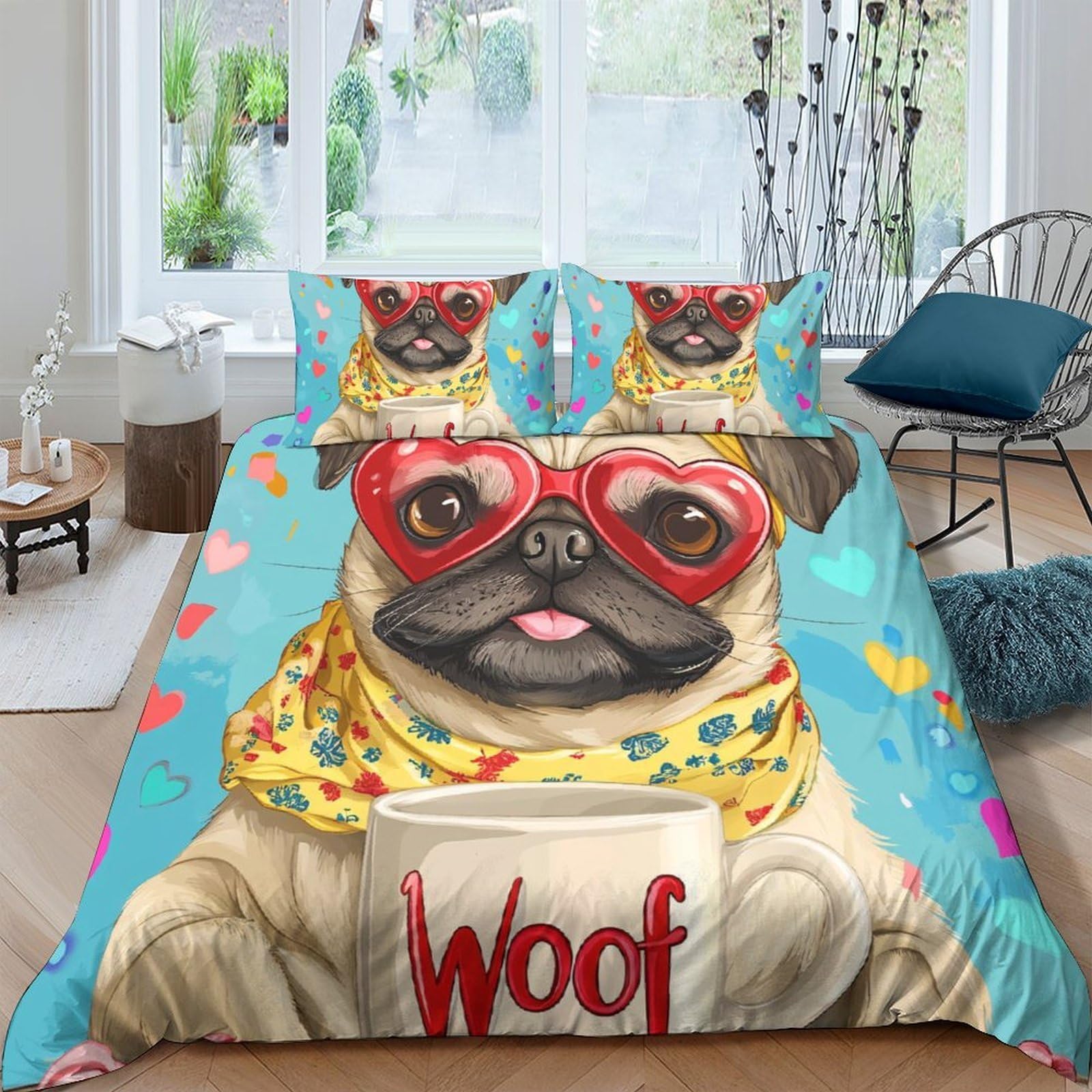 Ctjqhvkz Style-8 3D Printed Cute Pug With Red Glasses Fitted Sheet Microfiber Colorful Heart Bed Cover For Bedroom Guestroom Decor Single（135X200cm）