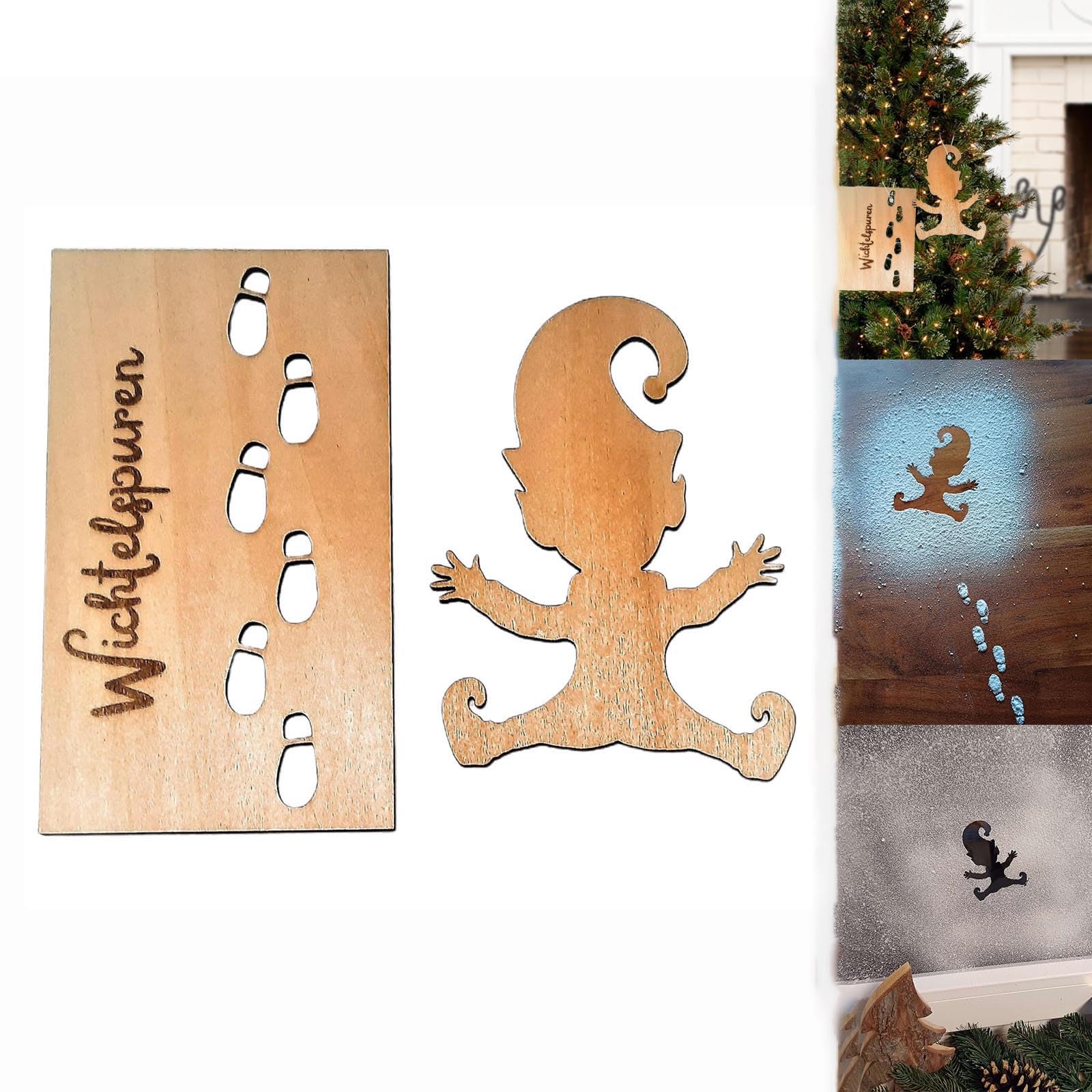 Lot De 8 Pochoirs Miniatures Empreintes De Pas De Lutin – Accessoires Magiques Noël – Échelle, Corde, Skis & Traineau En Bois