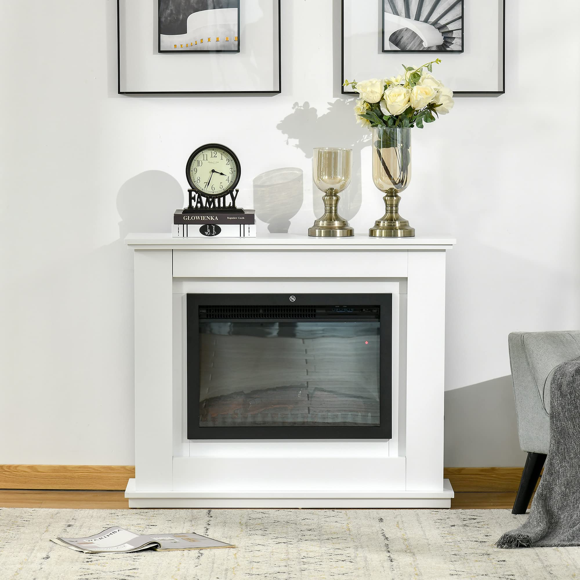 HOMCOM Camino Elettrico Effetto Fiamma Realistico 98x27.5x80cm Bianco | Cornice in Legno, Caminetto Elettrico, Termostato, Protezione da Surriscaldamento, Timer e Telecomando, 1000W e 2000W