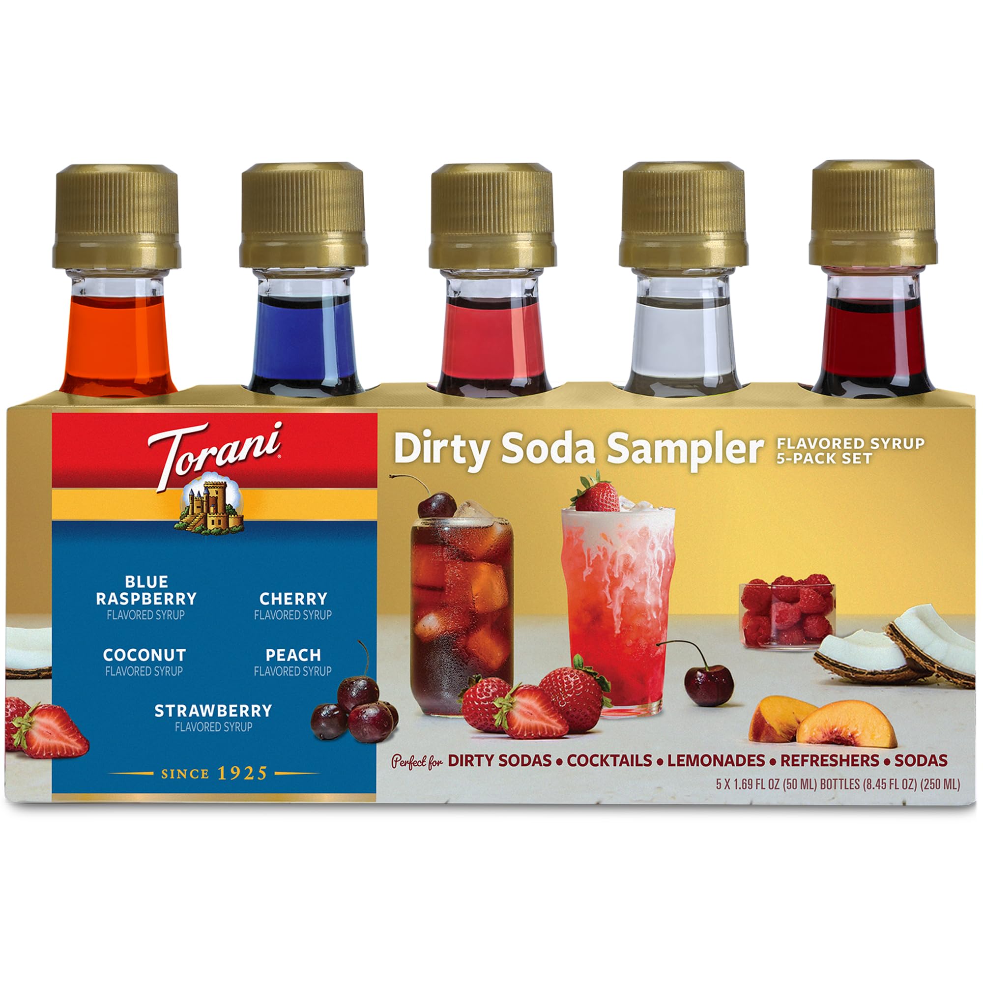 Torani Dirty Soda Sampler 5-Pack, Mini Syrups Gift Set – Coconut, Strawberry, Blue Raspberry, Peach, and Cherry, 1.7 Oz Ea