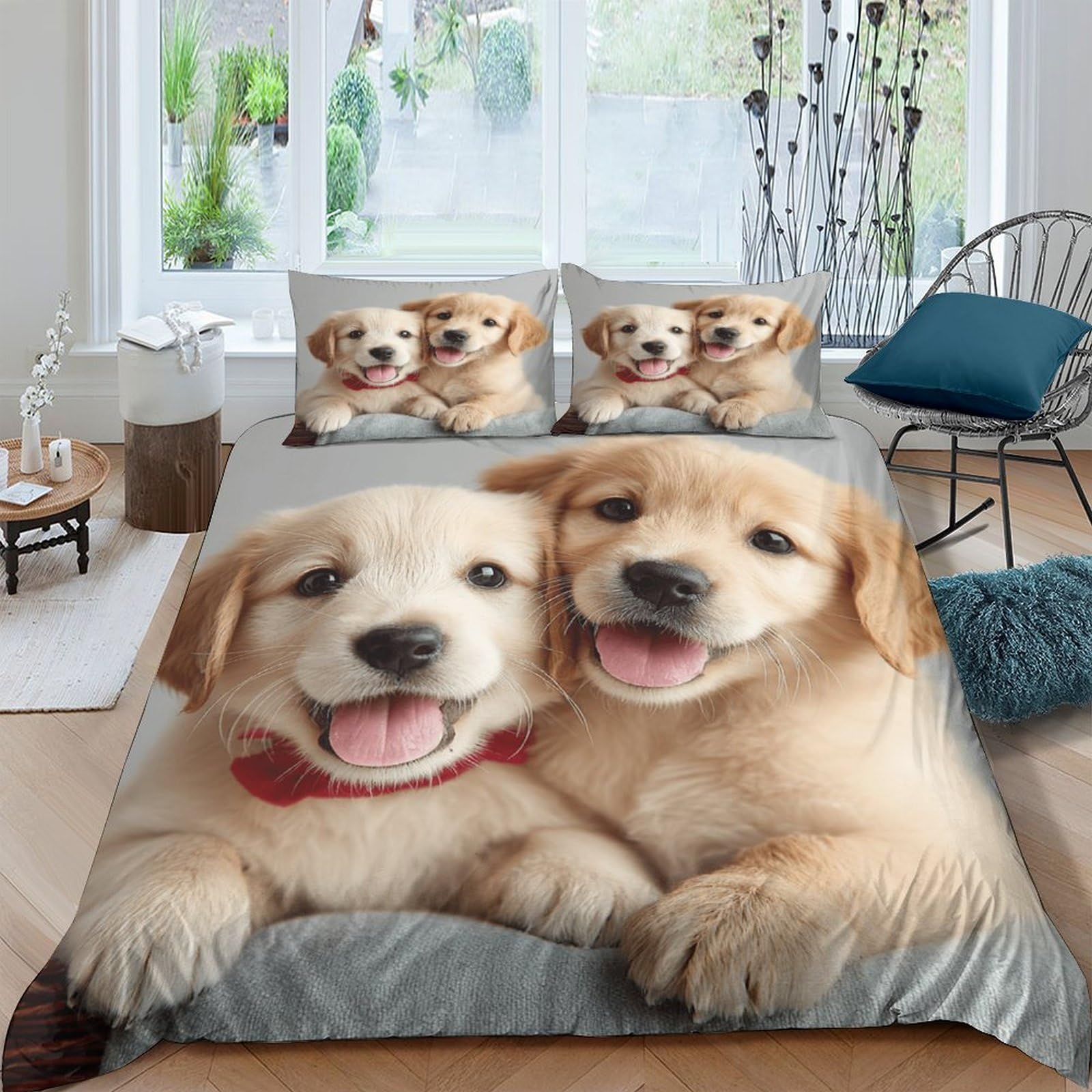 P5V6M1Q9 3D Printed Cute Golden Retriever Puppy Duvet Cover Microfiber Soft Breathable Dog Quilt Cover Bedding Set with 2 Pillowcases for Bedroom Decor Single（135x200cm）