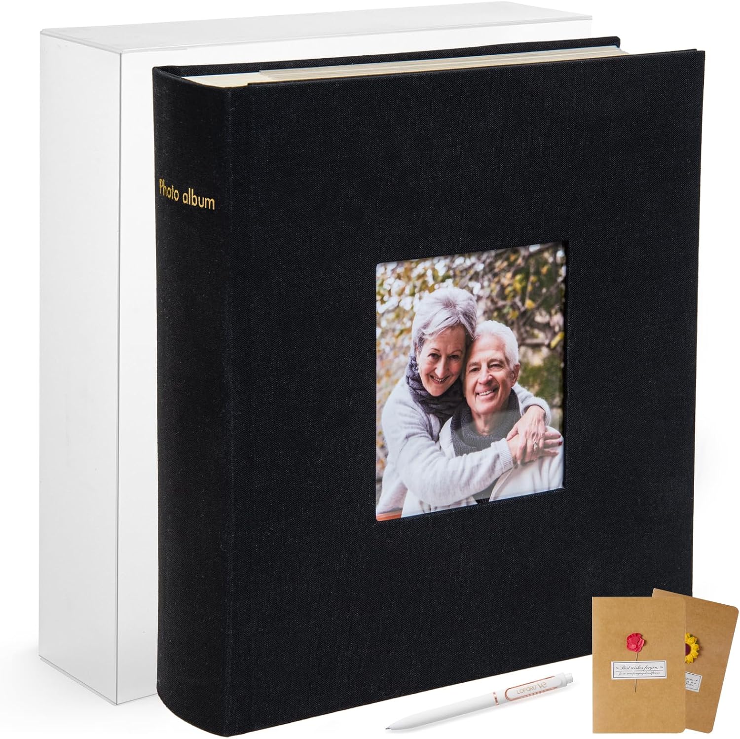 Photo Album 4x6 for 200 Pictures Gifts Set | Luxury Linen Gold Foil Stamping Wedding Photo Album With Writing Space | for Family Anniversary Vacation Memories (Black)