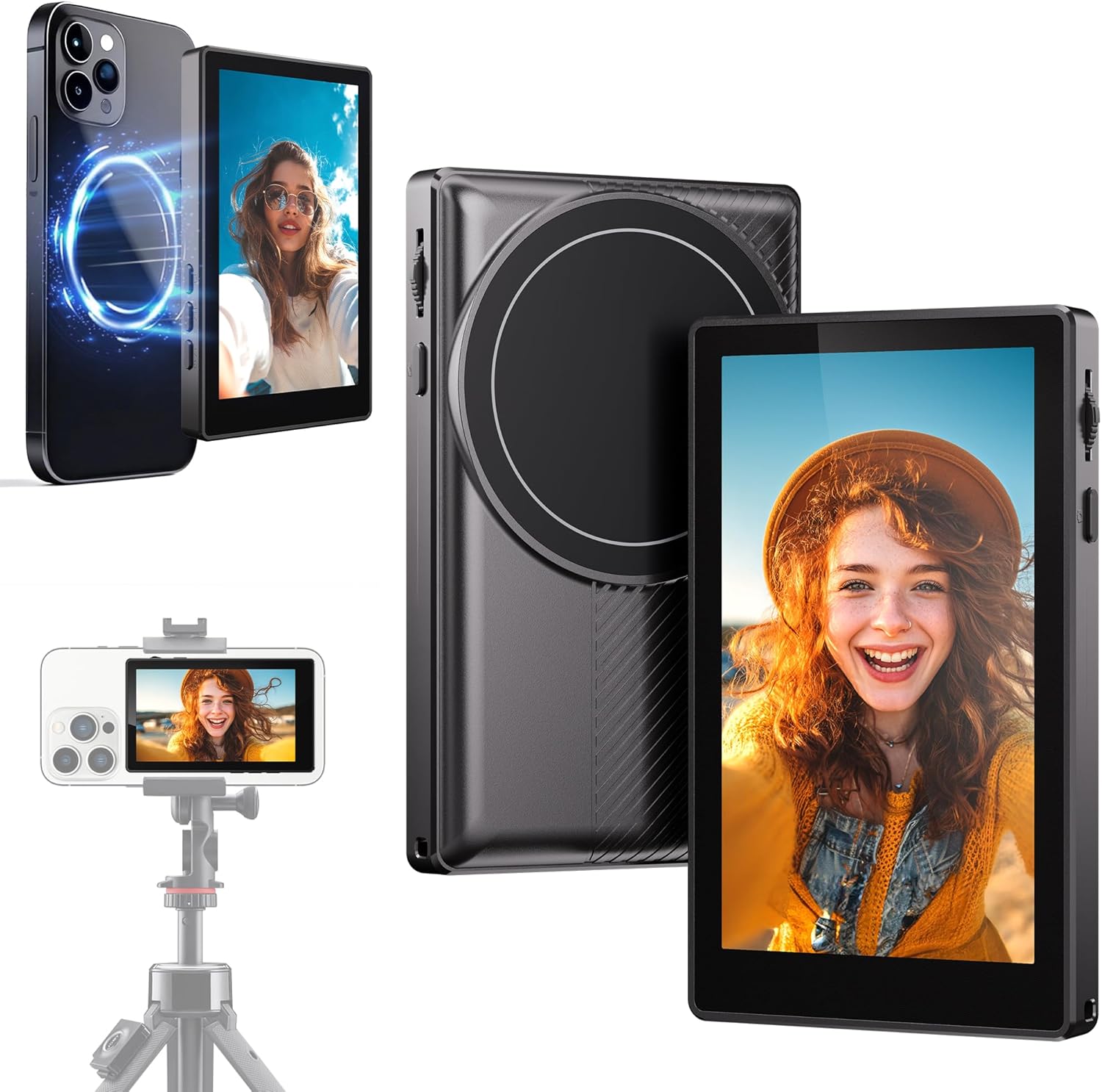 Vlog Selfie Monitor Screen for iPhone & Android, Built-in Speaker & Adjust Focus Wireless Magnetic Phone Vlog Selfie Monitor Screen for Rear Camera, Live Stream for TikTok