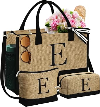 YOOLIFE Personalized Gifts for Women, Initial Jute Tote Bag & 2 Makeup Bags