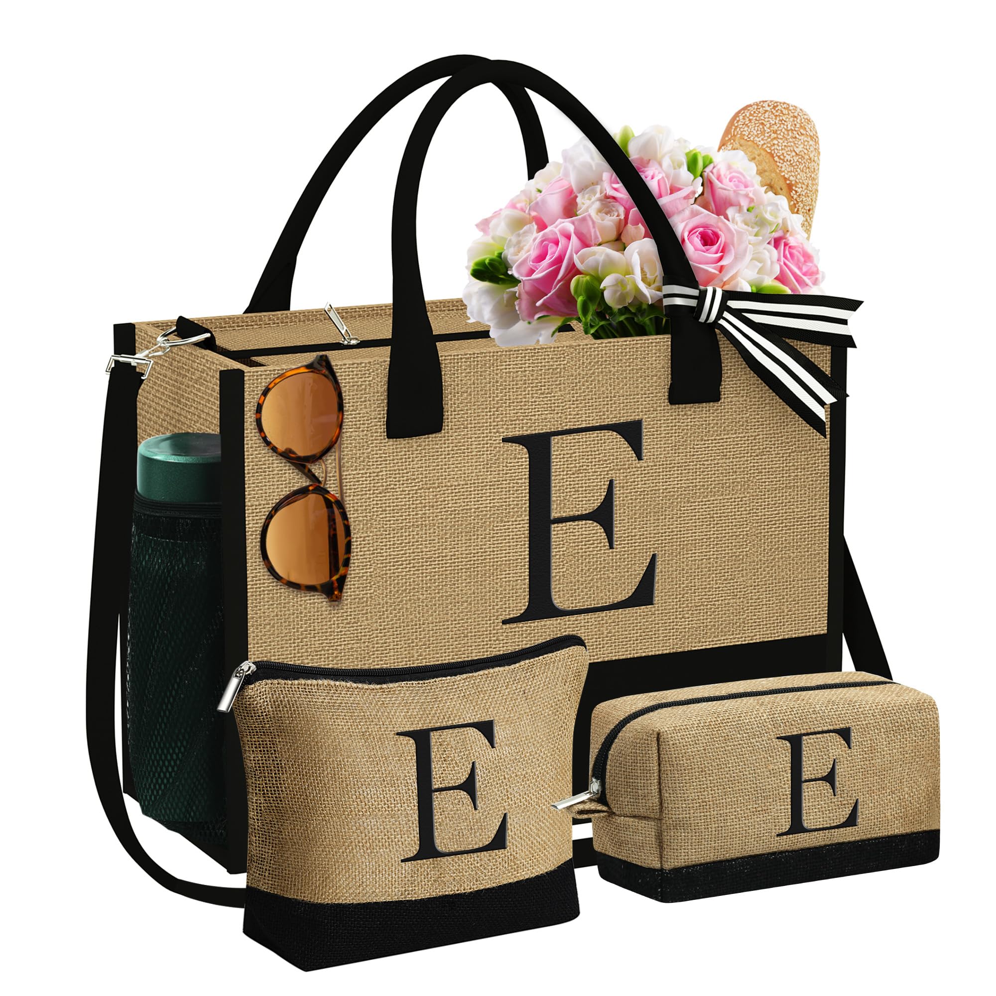 YOOLIFE Gifts for Women - Initial Jute Tote Bag & 2 Makeup Bags Personalized Gifts for Women Teacher Mom Friend Birthday