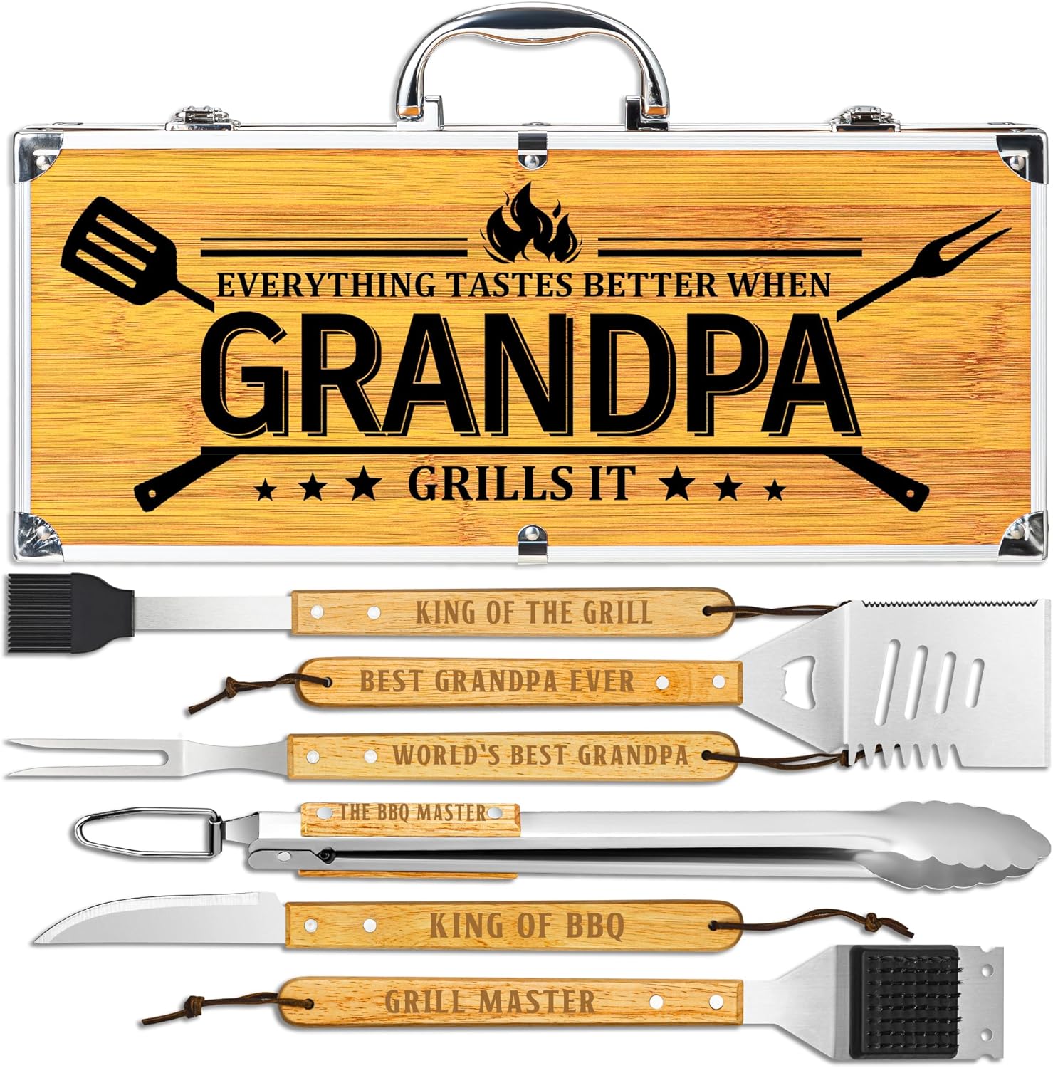 Papa Gifts from Grandkids, Fathers Day Papa Grilling Gift Heavy Duty Wooden BBQ Grilling Accessories Kit for Backyard, Thick Stainless Steel Grill Utensils with Non-Slip Handle Tools in Portable Bag