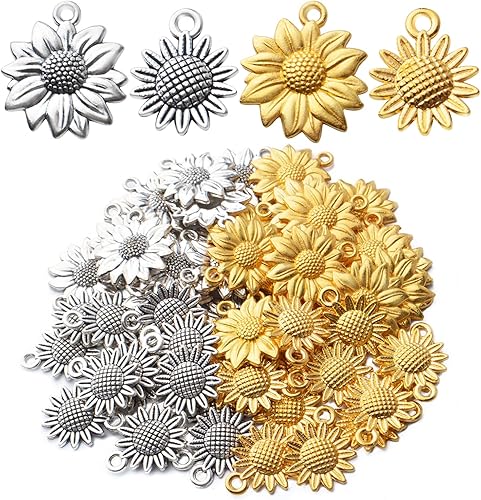 Miniatura 8 de BronaGrand 60 dijes de girasol chapados en oro, de aleación, encantadores colgantes de cuentas de flores, dijes para bricolaje, collares, pulseras,