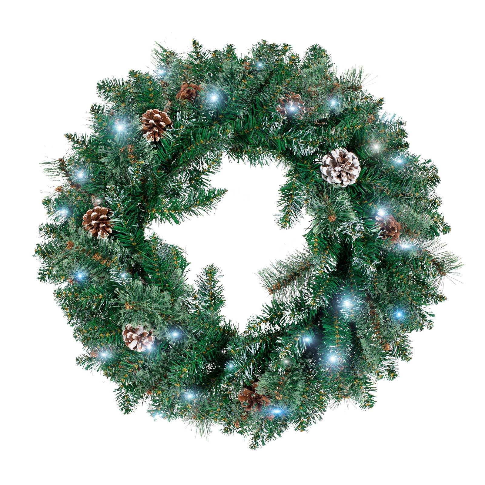 NALONE 24 Inch Snow-Kissed Christmas Wreath, Pre-Lit Artificial Christmas Wreaths with 40 LED Lights&Timer, Pine Cones and Pine Needles, Xmas Wreath for Front Door (Green with Snow)