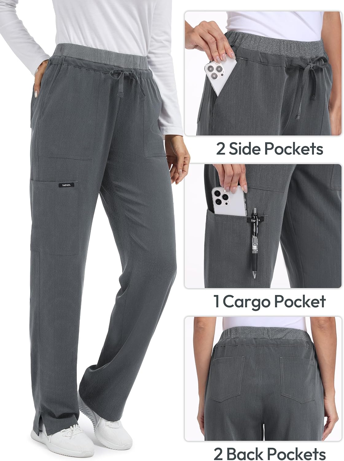 Tapata Scrub Pants for Petite Women 26"/28" Inseam Straight Leg Cargo Drawstring Bottoms with 5 Pockets - Image 4