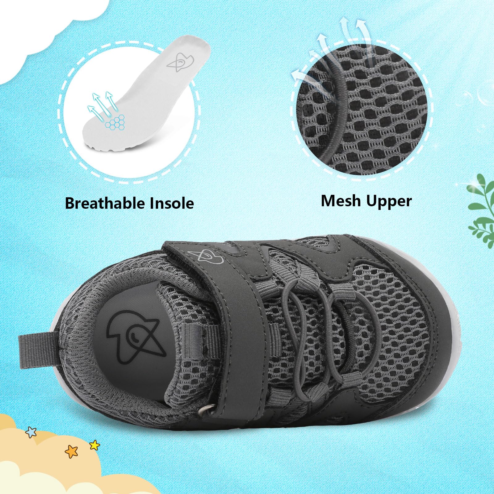 LeIsfIt Baby Boys Girls Shoes First Walking Shoes Toddler Breathable Sneakers Non-Slip Infant Sneakers Dark Grey 12-18 Months