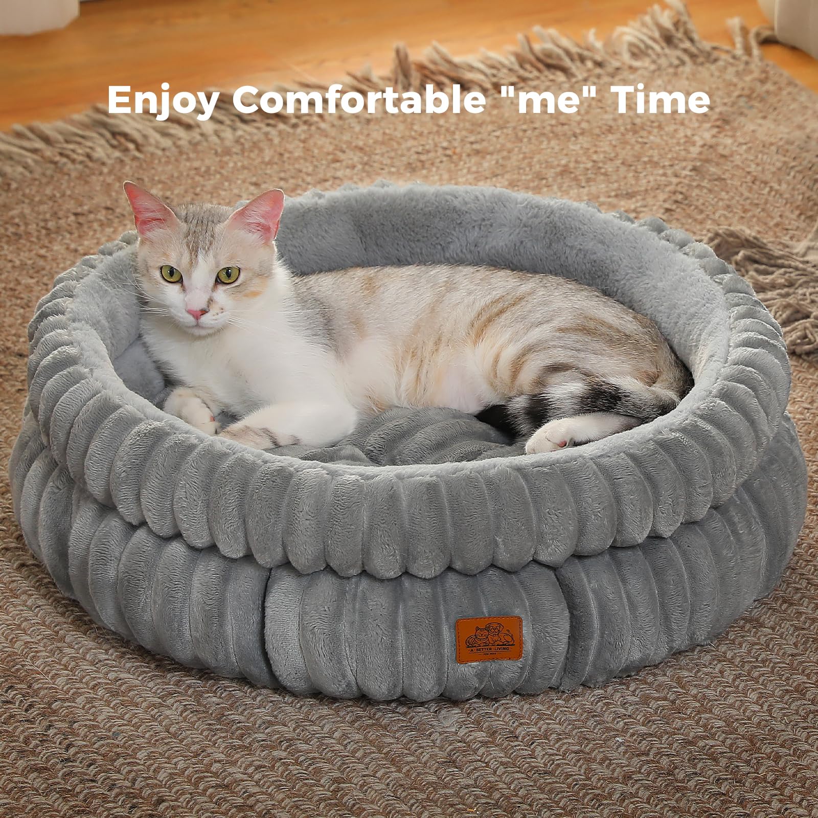 PAWZ Road Katzenbett waschbar, Hundebett kleine Hunde, Rundes, Flauschiges Katzenkissen, Katzenschlafplatz-Bettchen, Katzenkorb, Grau, 61x61x23cm