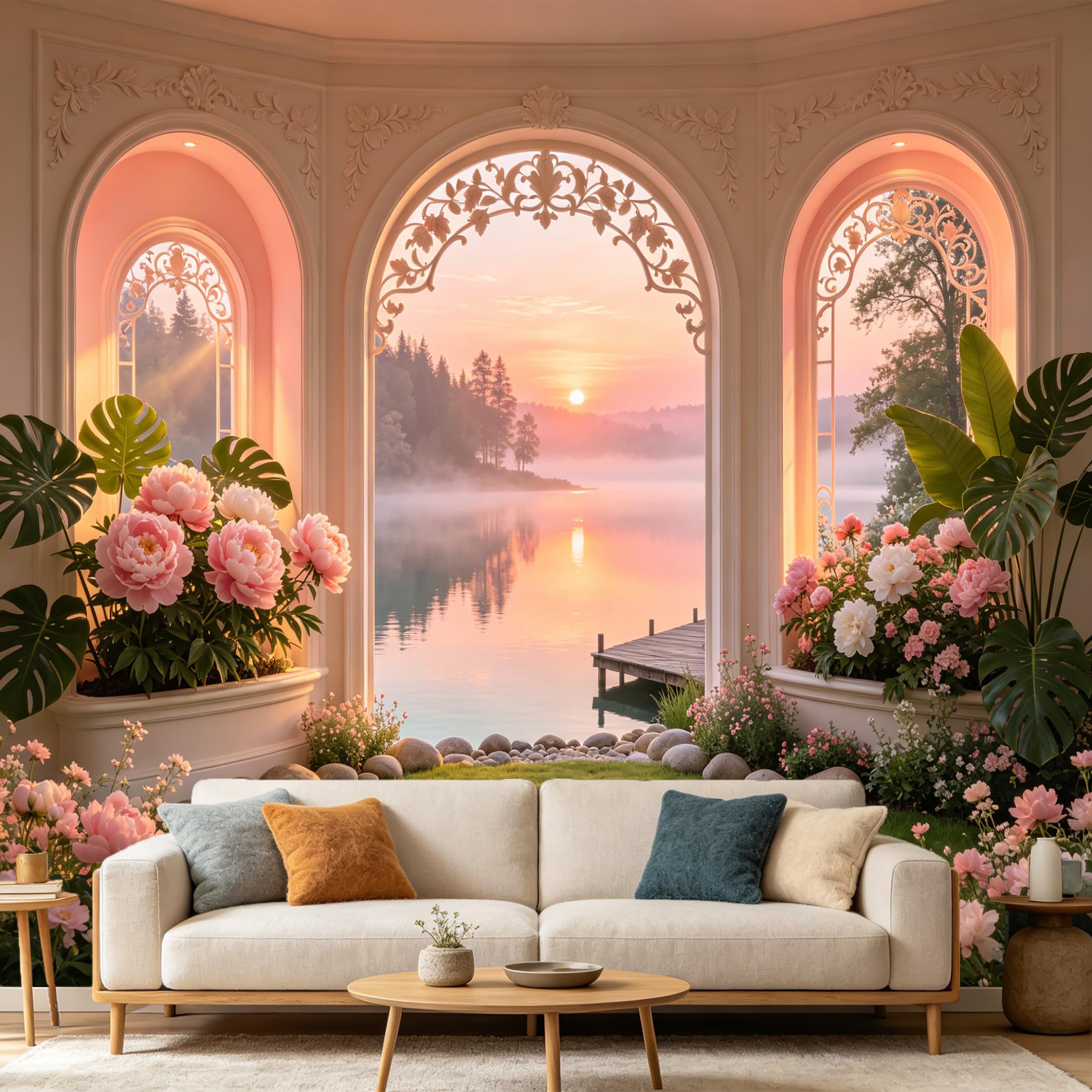 Custom Size Wall Mural， 3D Trompe L'Oeil Sunset Lake Peony Garden Archway， SelfAdhesive Art Prints wall Fabric Removable Large Wallpaper Home Living Room Decor